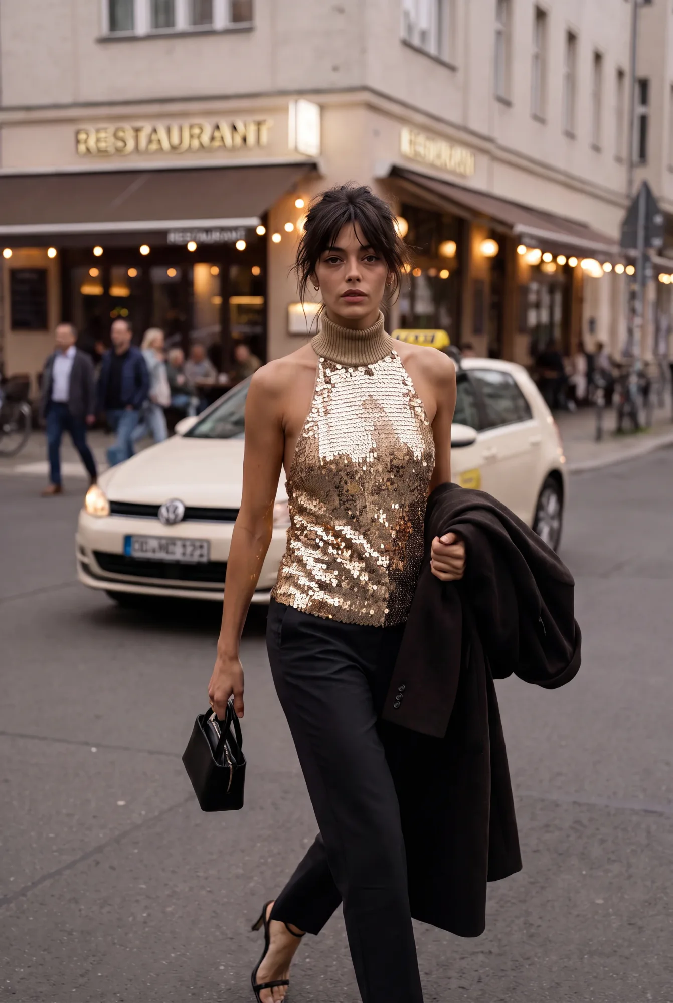 A woman in a gold sequin halter top with a ribbed turtleneck and black tailored trousers walks across a city street at | After the Toast, Relover