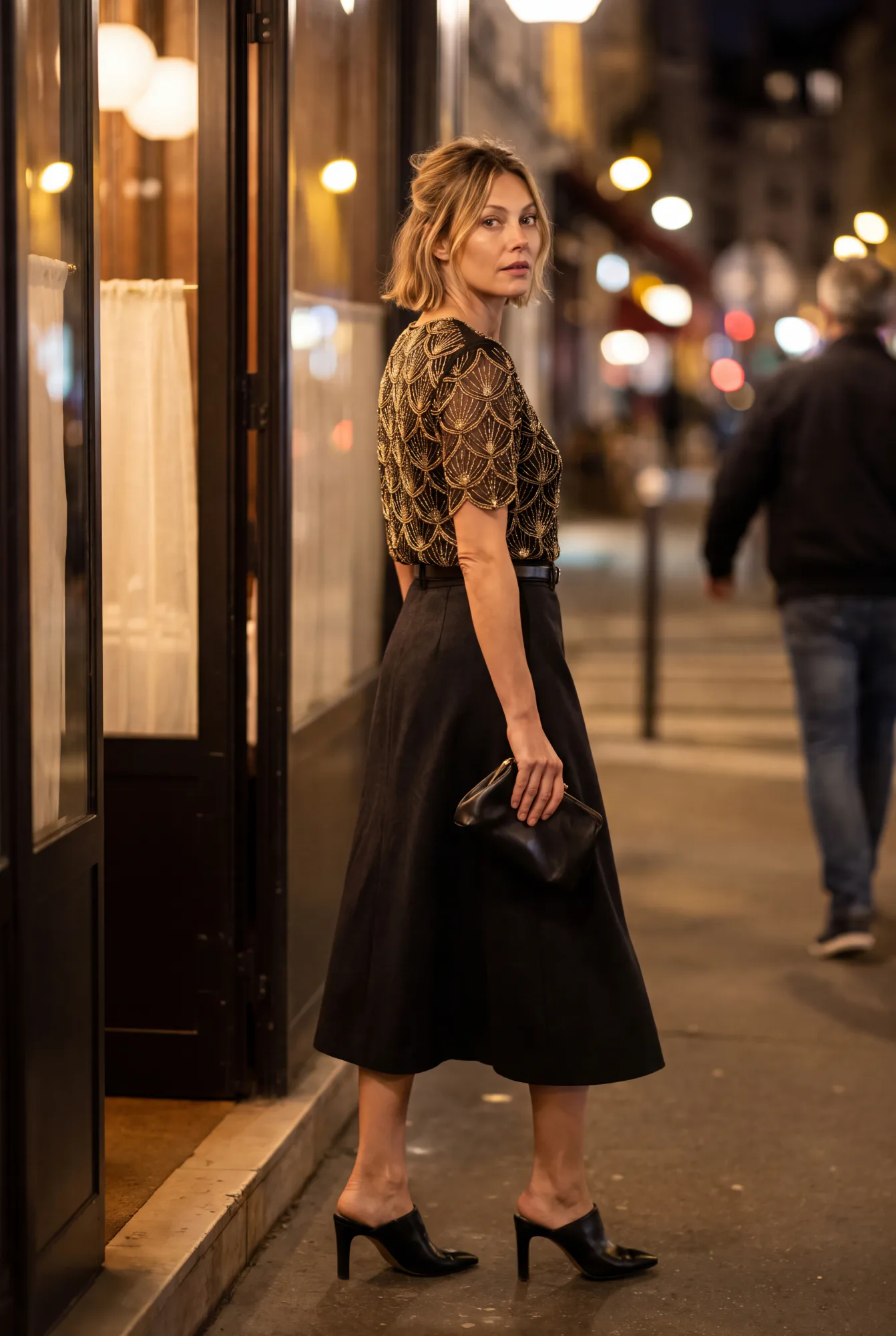 A woman in a black and gold scalloped beaded top and a black midi skirt pauses by a lit restaurant doorway at night | After the Toast, Relover