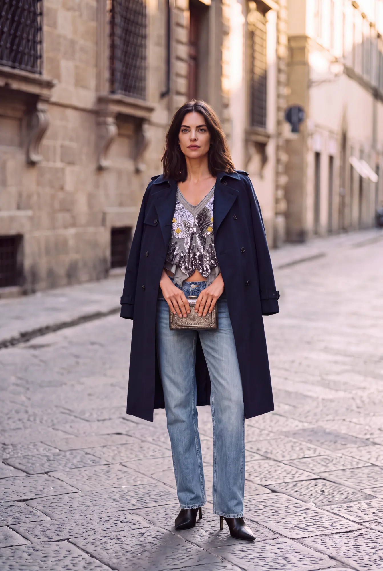 A woman in a navy trench coat over a grey sequin butterfly-motif top and light wash wide-leg jeans stands on a cobblestone | After the Toast, Relover