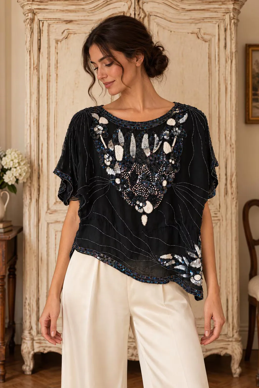 Vintage Black Iridescent Beaded Sequin Batwing Silk Blouse, seller photo 1 | After the Toast, Relover