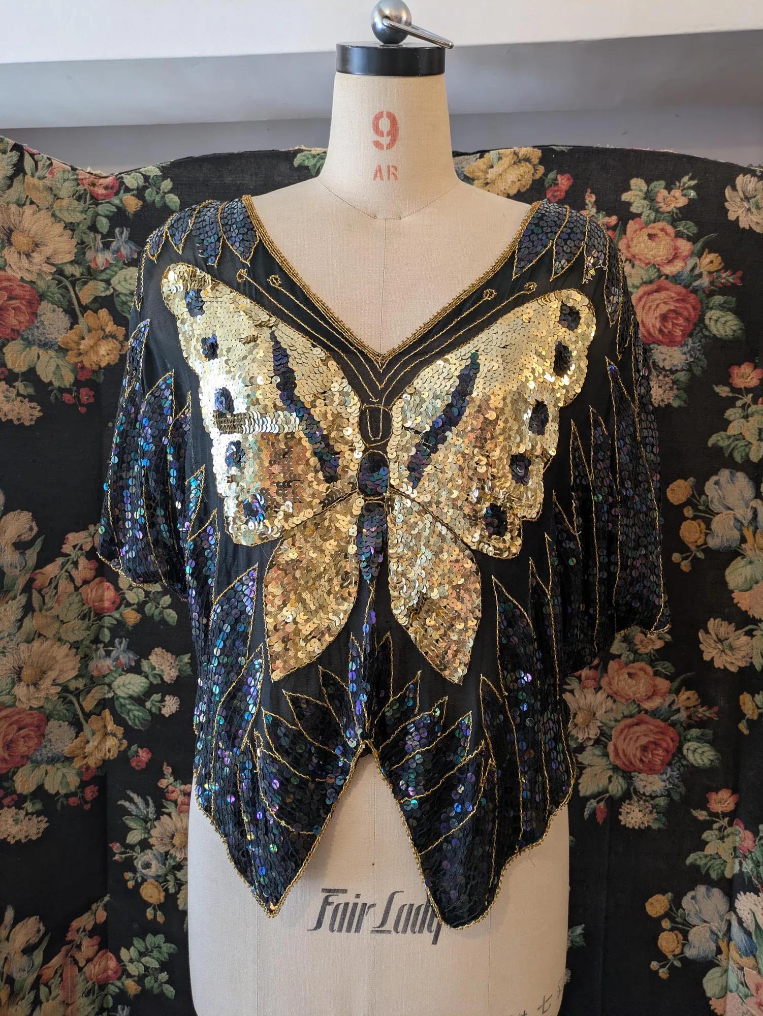 Vintage Black Sequin Silk Butterfly Top, seller photo 1 | After the Toast, Relover