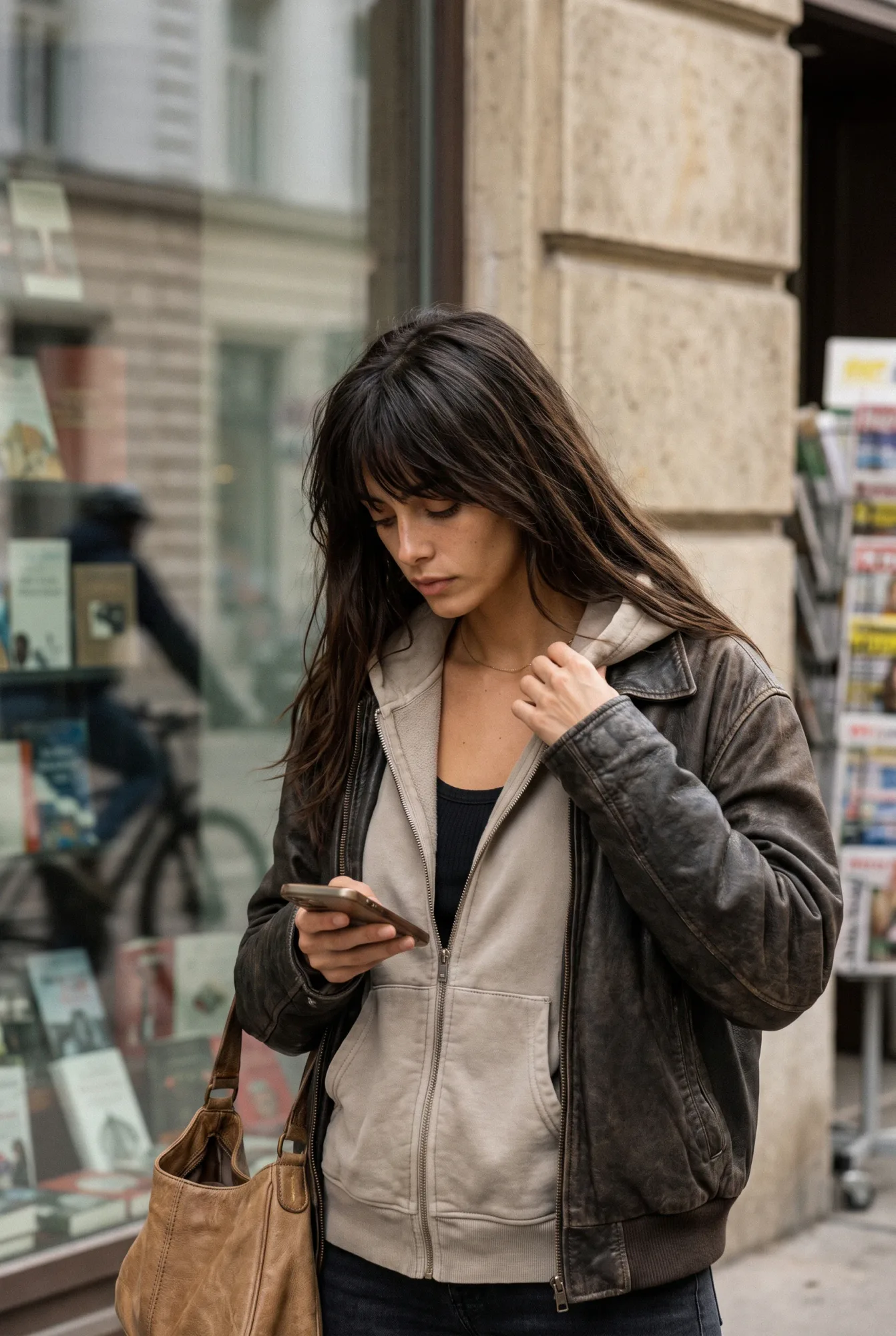 A woman with long dark hair and a fringe wears a soft stone zip-through hoodie under a dark brown leather bomber jacket | The Borrowed Hood, Relover