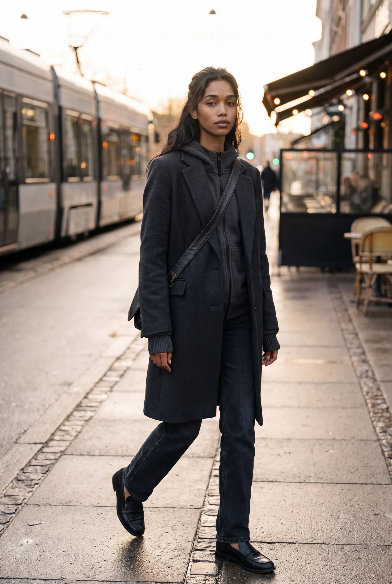 A woman in a dark wool coat over an ink navy zip hoodie and jeans walks past a tram stop and café terrace at dusk | The Borrowed Hood, Relover