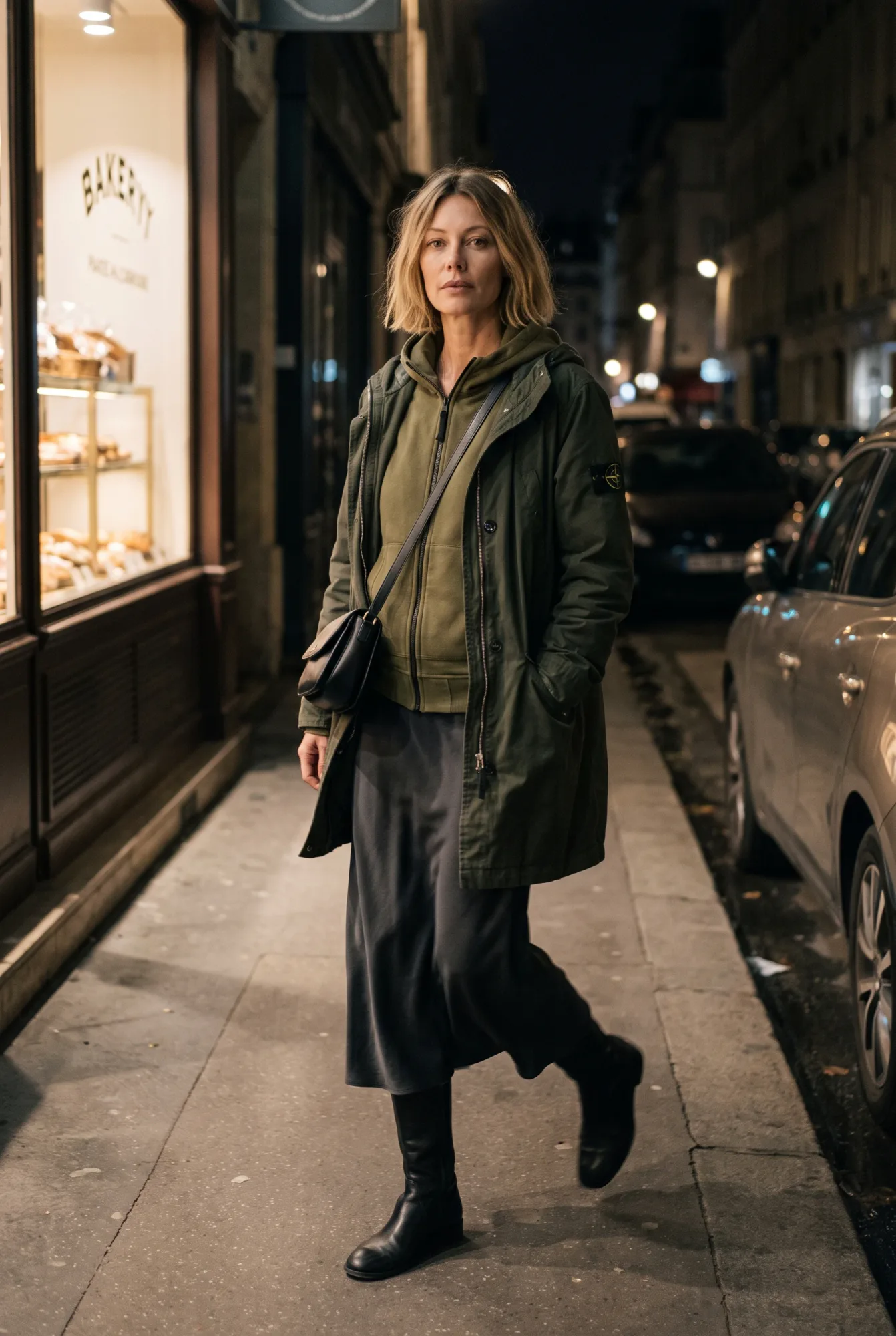 A woman in an open dark green parka over an olive zip-through hoodie and a black satin skirt walks past a lit bakery | The Borrowed Hood, Relover