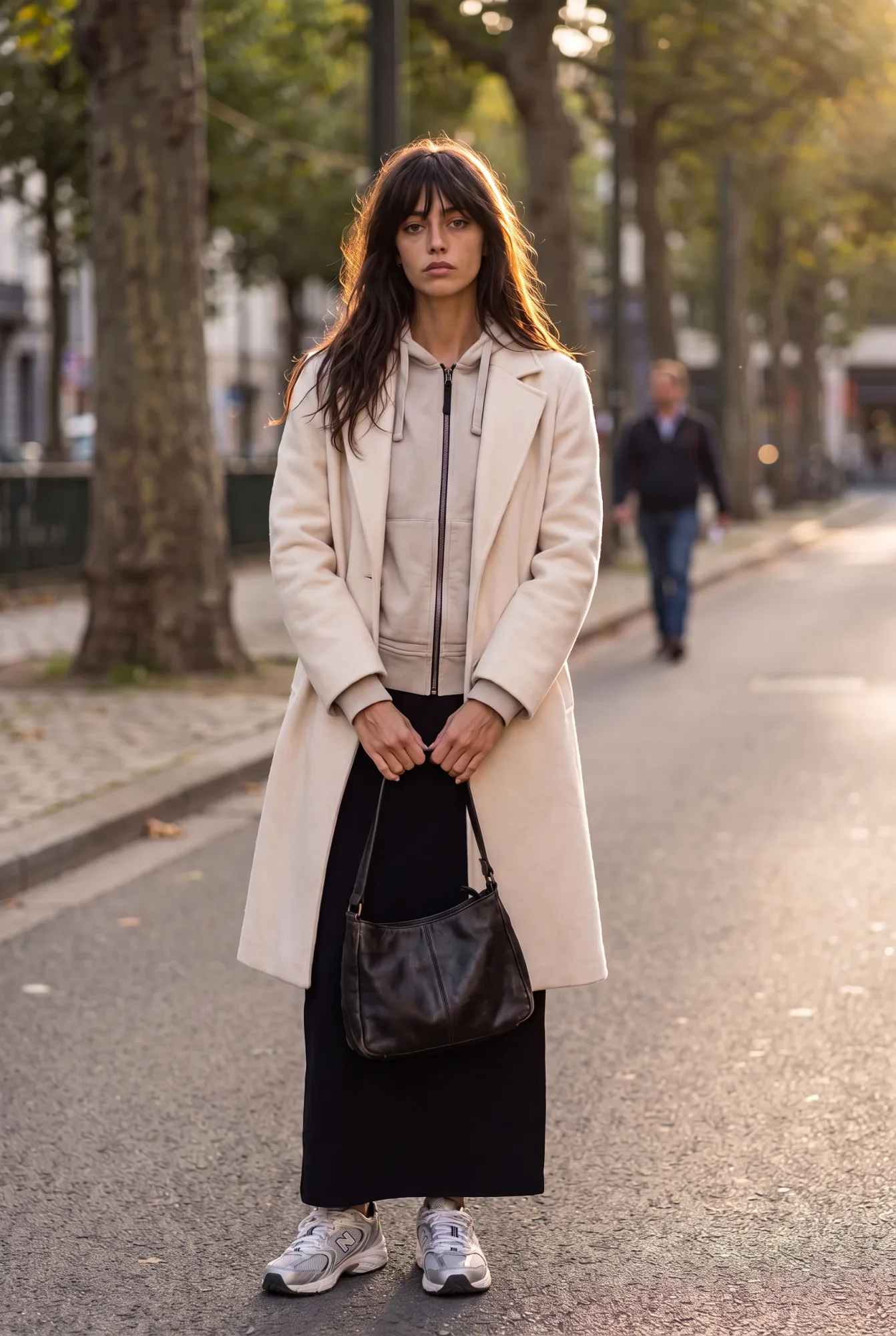 A woman with long dark hair and a fringe stands on a tree-lined street wearing a stone zip-through hoodie under an open | The Borrowed Hood, Relover