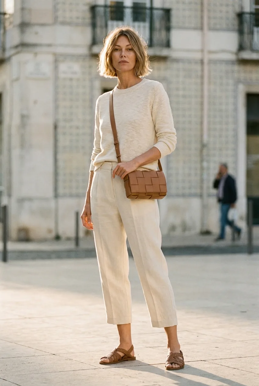 A woman in a cream linen sweater and cream linen capri pant stands in a sunlit plaza, carrying a woven brown crossbody bag | The Capri Pant, Relover