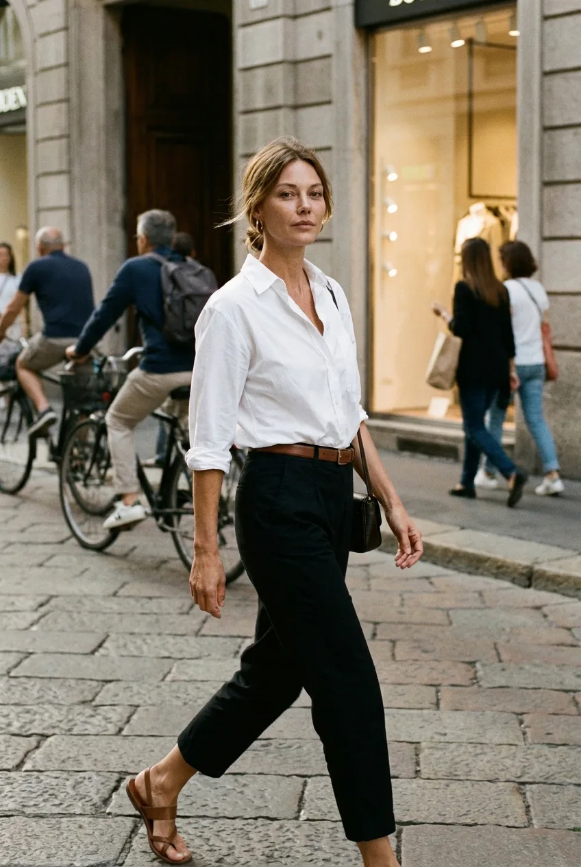 A woman in a white button-down shirt and black cigarette capri pants walks along a cobblestone street past cyclists and a | The Capri Pant, Relover
