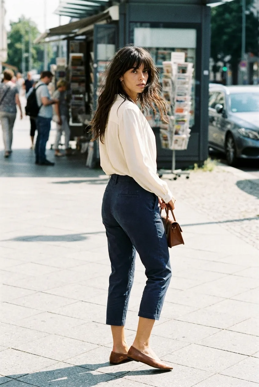 A woman with long dark hair walks down a city street in a faded navy cotton twill capri pant, cream blouse, and brown | The Capri Pant, Relover