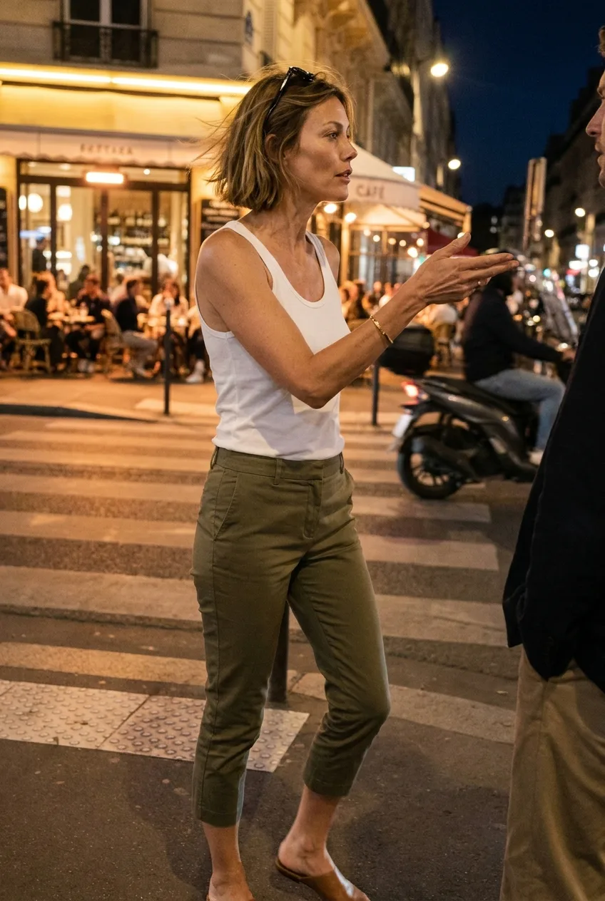 A woman in a white tank top and olive stretch-cotton capri pants gestures while talking on a lively night street | The Capri Pant, Relover