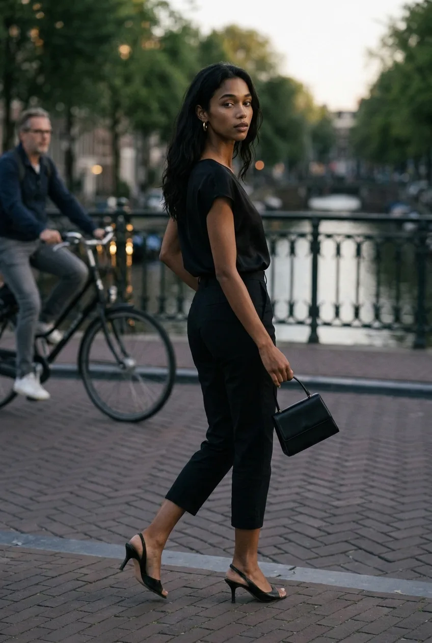 A woman in a black top and cropped black trousers carries a small handbag while walking along a canal bridge | The Capri Pant, Relover