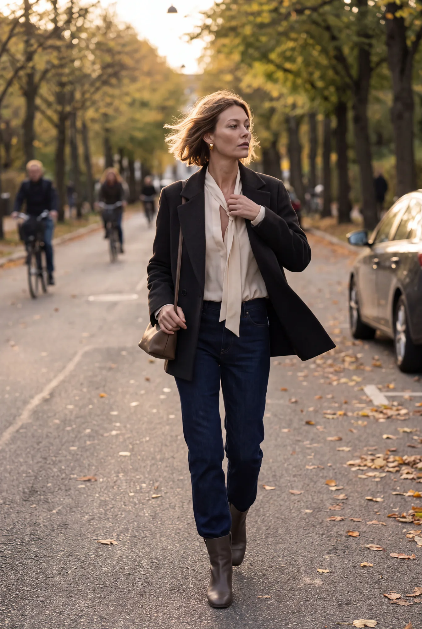 A woman in a black blazer over a cream silk tied-neck blouse walks along a tree-lined street past cyclists and | The Dressy Silk Blouse, Relover