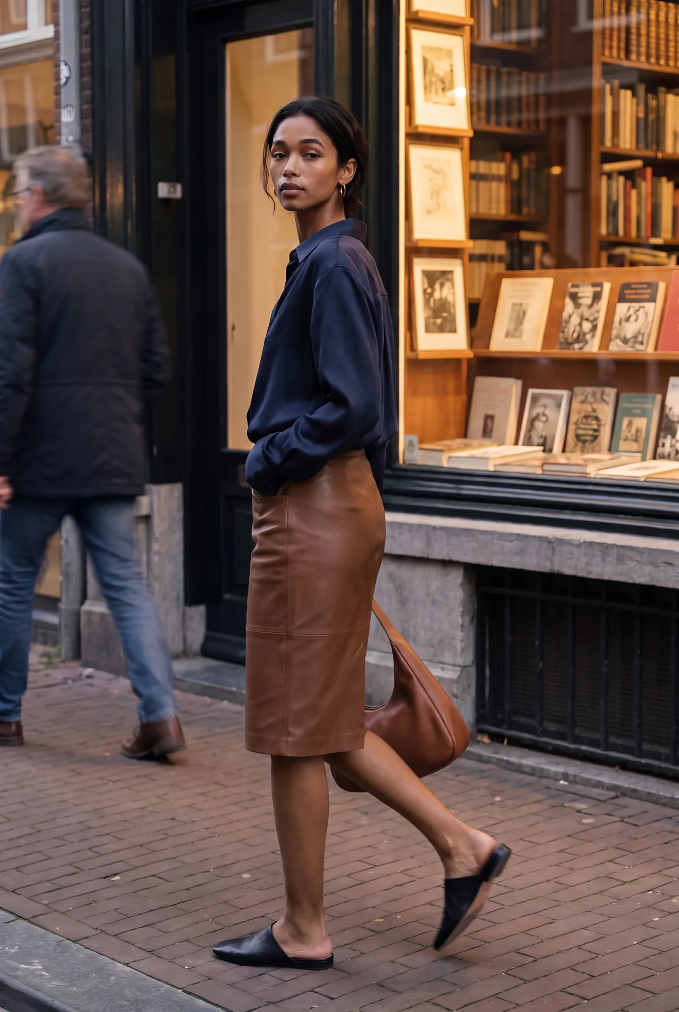A woman in a navy silk blouse and brown leather pencil skirt walks past a bookshop window, carrying a brown leather | The Dressy Silk Blouse, Relover