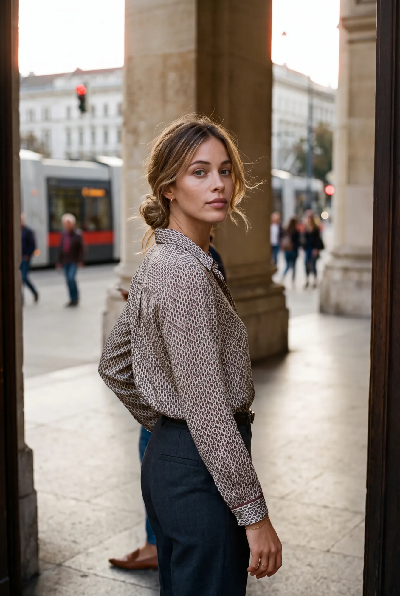 A woman in a printed silk blouse and dark trousers stands under an archway with a tram and pedestrians behind her | The Dressy Silk Blouse, Relover