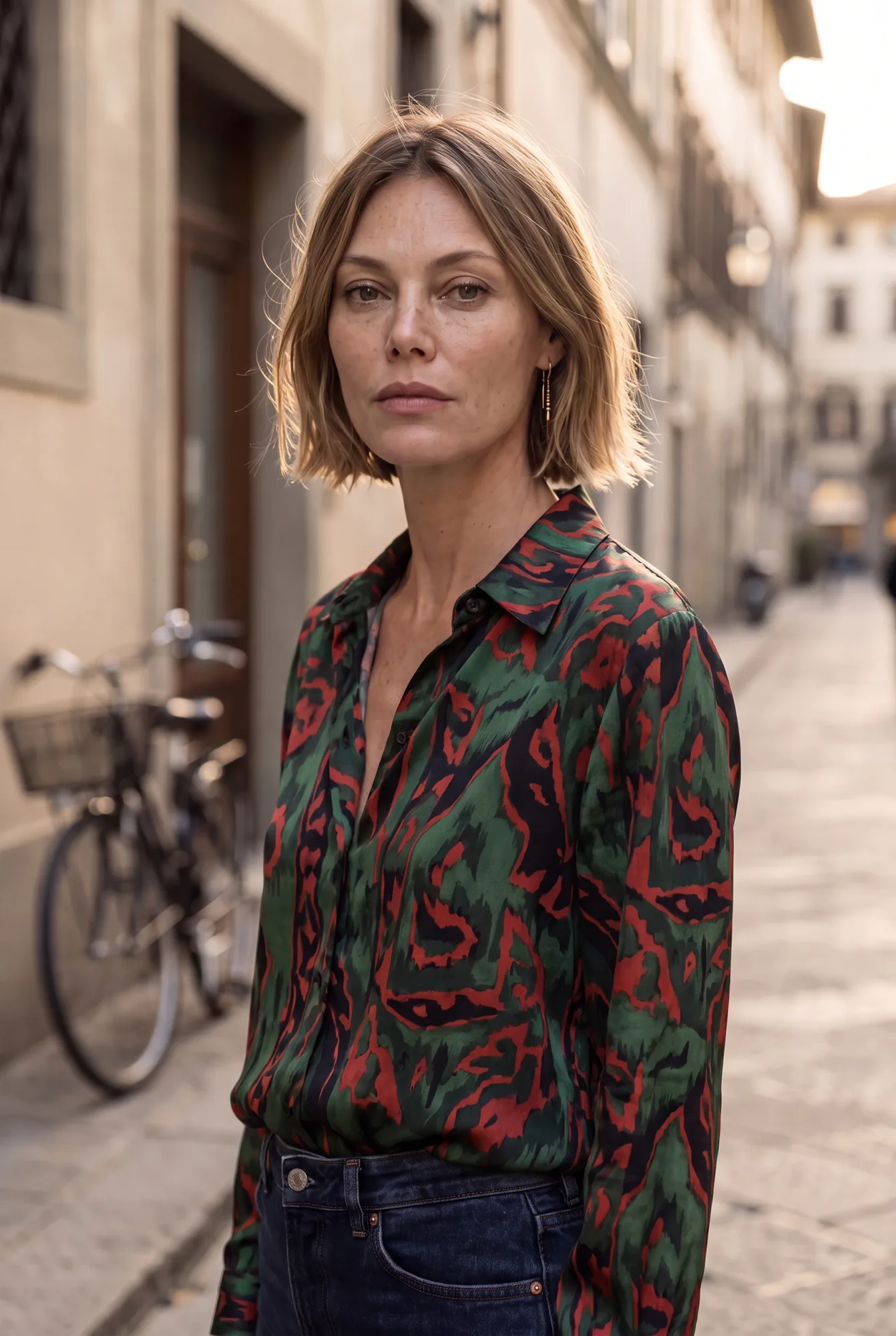 A woman with a jaw-length bob wears a green, red and black printed silk blouse tucked into dark denim jeans | The Dressy Silk Blouse, Relover