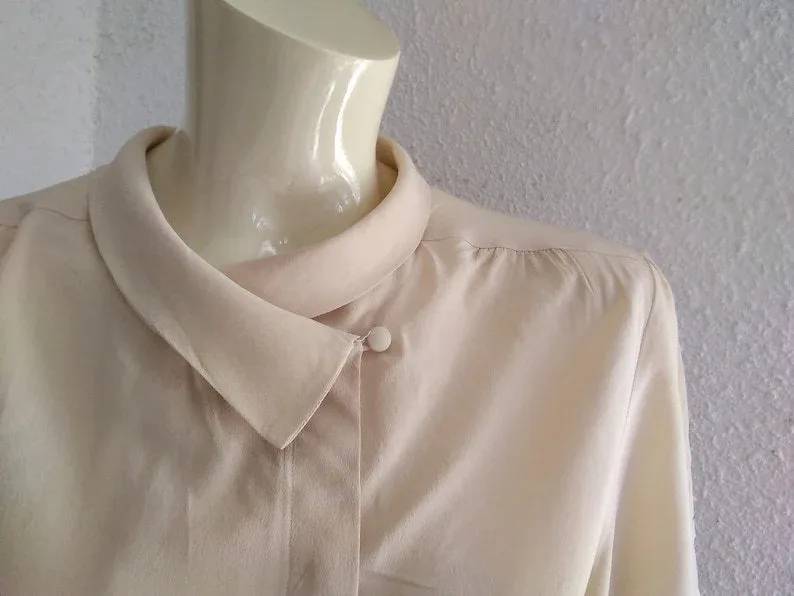Vintage Beige Silk Asymmetric-Collar Blouse, seller photo 1 | The Dressy Silk Blouse, Relover