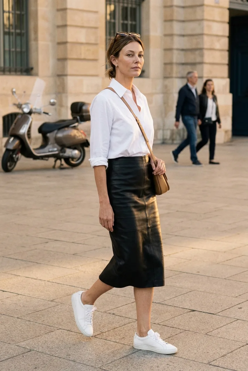 A woman in a black leather pencil skirt and white shirt walks across a plaza past a parked scooter and two pedestrians | The Leather Pencil, Relover