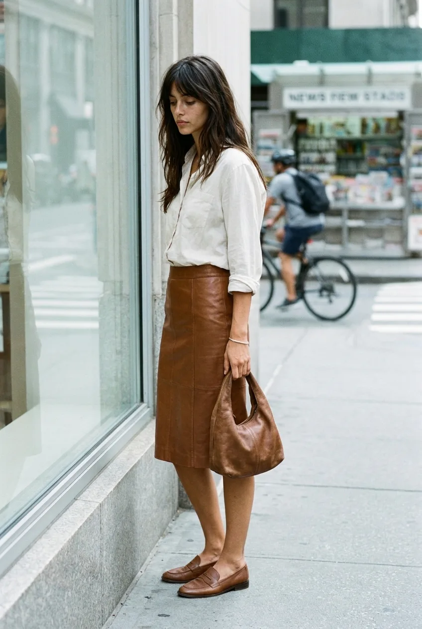 A woman with long dark hair and a fringe stands in a chocolate leather pencil skirt looking into a shop window, holding | The Leather Pencil, Relover