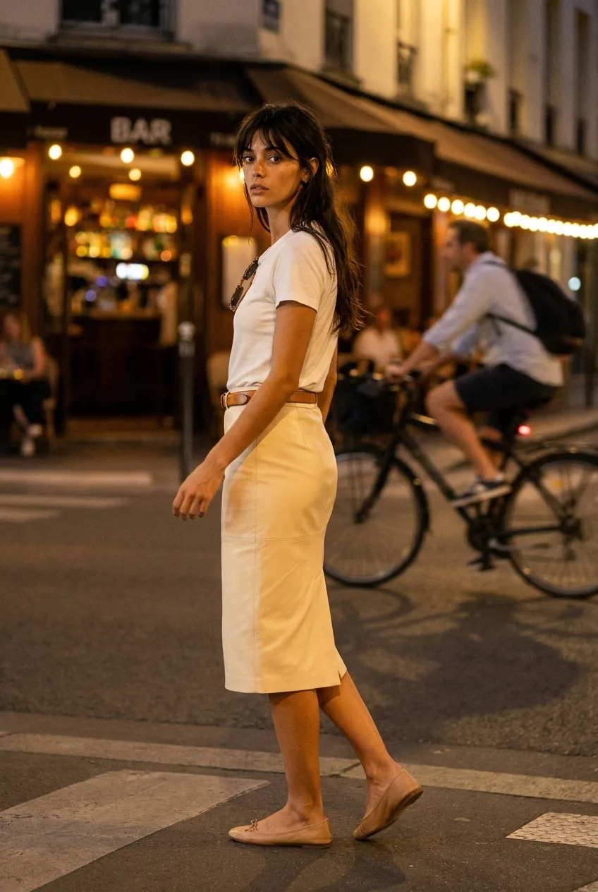 A woman with long dark hair crosses a street at night in a cream leather pencil skirt and belted white t-shirt as a | The Leather Pencil, Relover