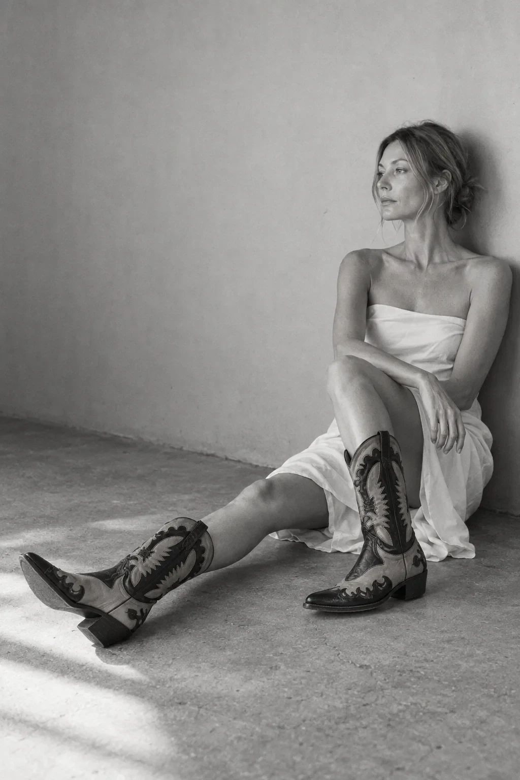 Black-and-white portrait of a woman in a white dress wearing two-tone Loblan Western boots.