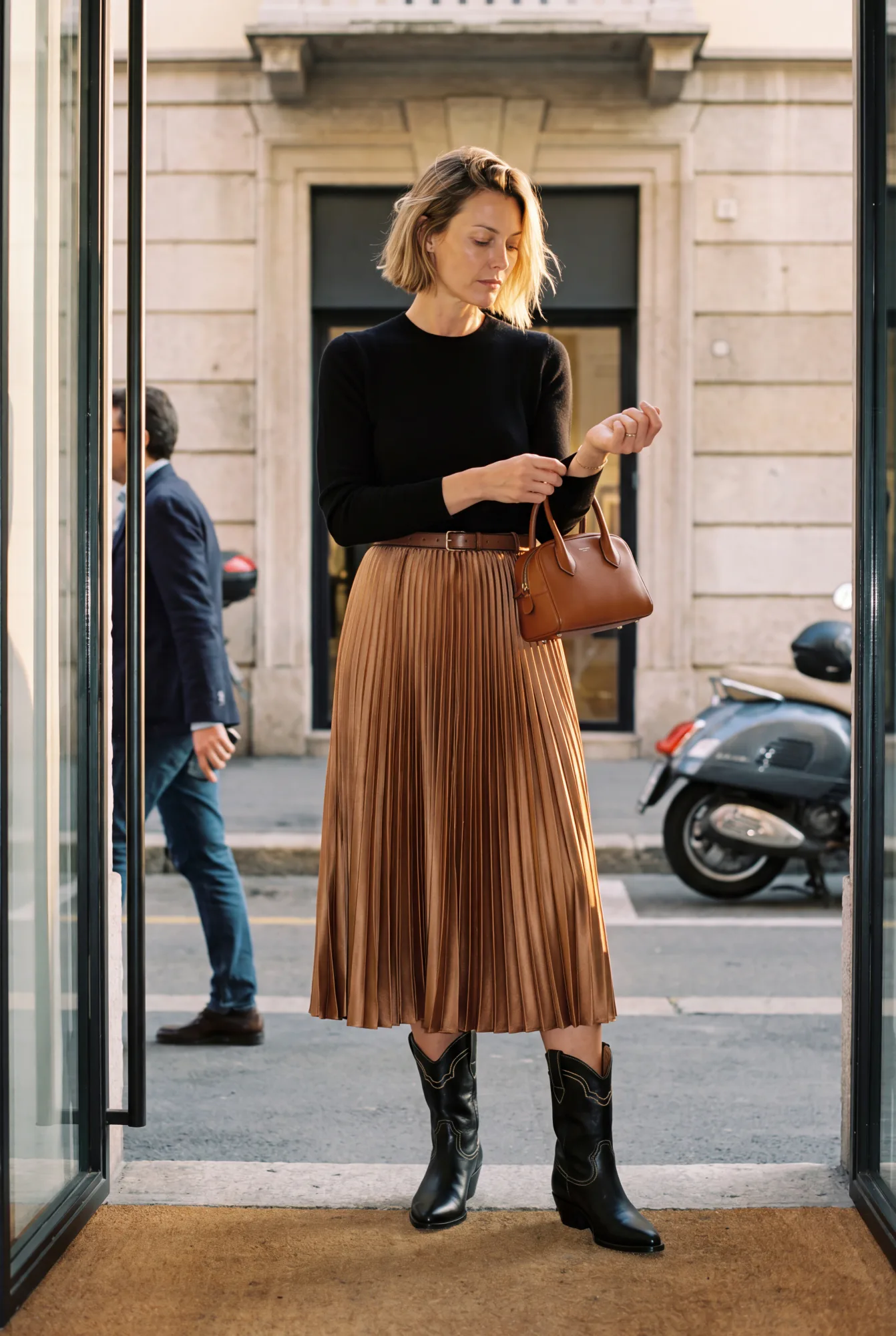 A woman in a black sweater and bronze pleated skirt checks her watch in a glass doorway, wearing black Western boots | The Long Way West, Relover