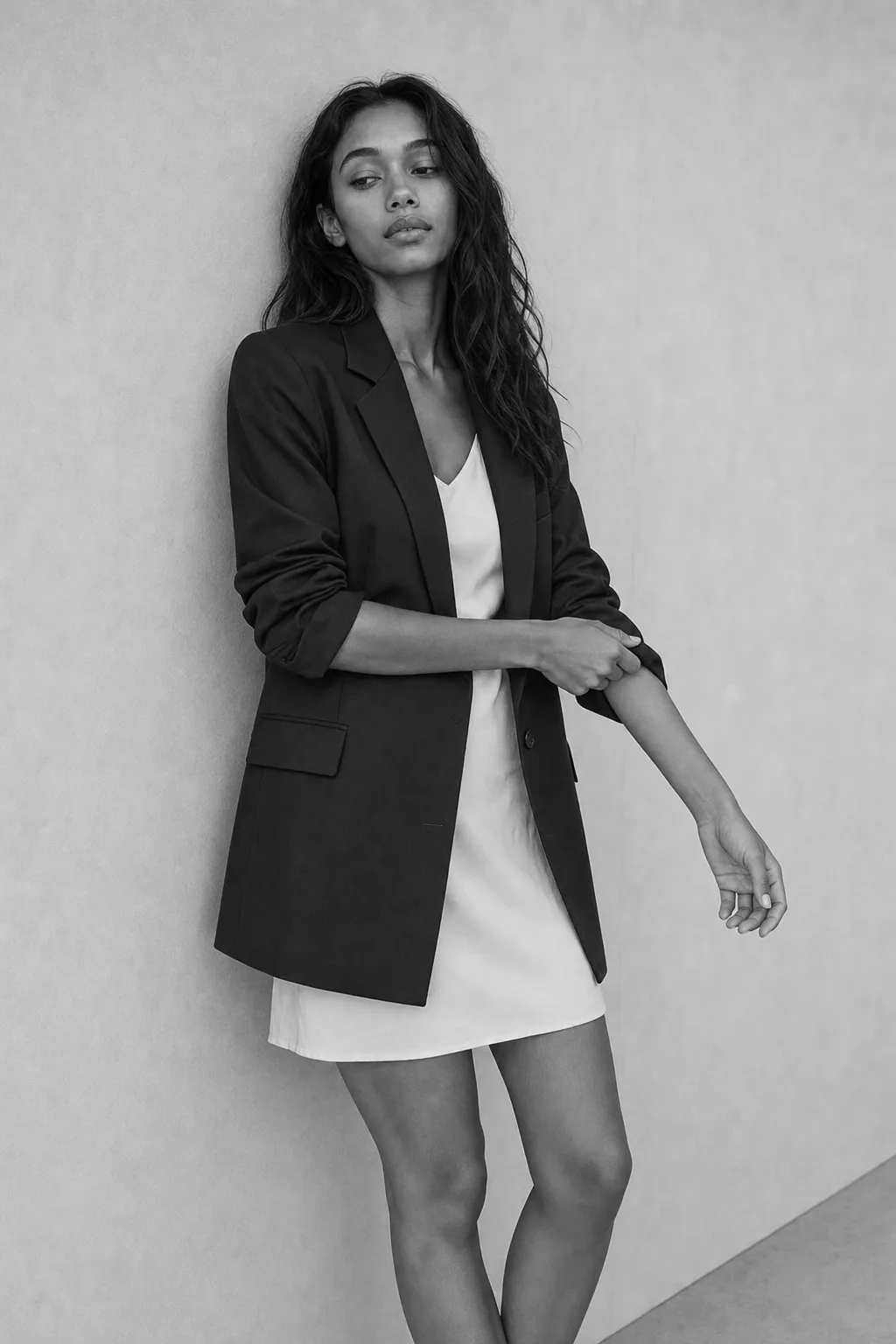 A woman with dark wavy hair leans against a pale studio wall, wearing a long, relaxed black wool blazer over a short | The Quiet Shoulder, Relover