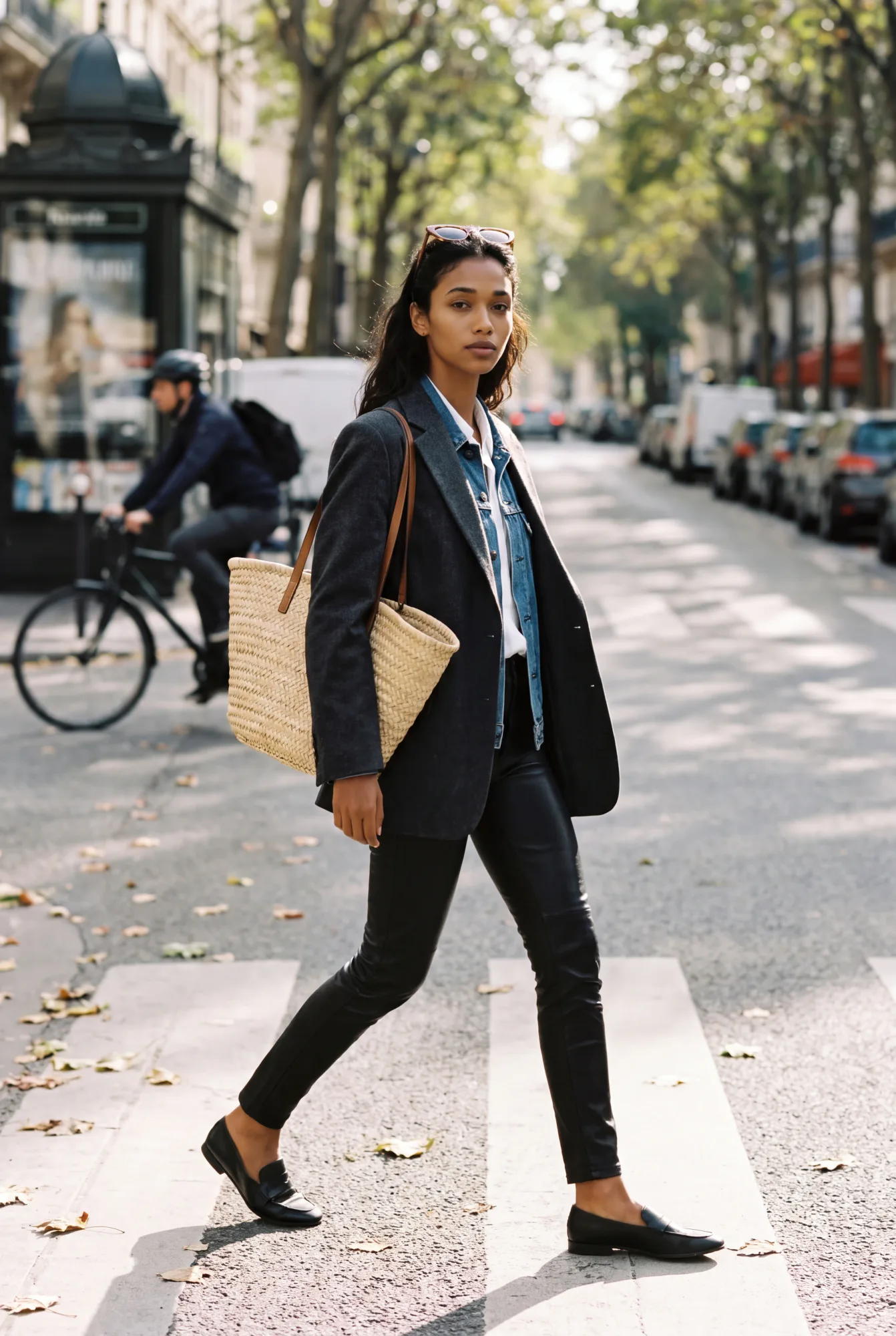 A woman in a charcoal longline wool blazer layered over a denim jacket and leather skinny pants crosses a tree-lined | The Quiet Shoulder, Relover