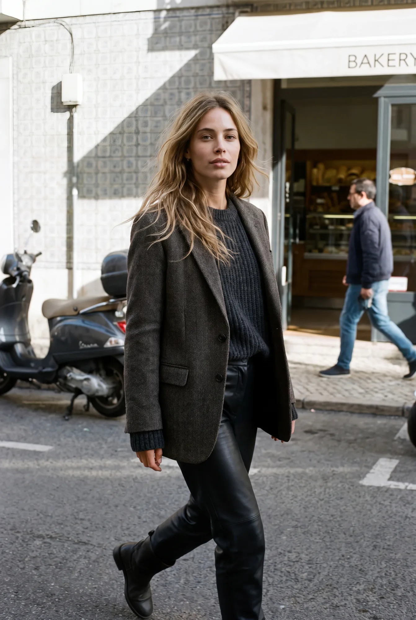 Romy on a tactile tonal daytime in Lisbon, caught mid-step on a sunlit street, hair down. The understated herringbone | The Quiet Shoulder, Relover