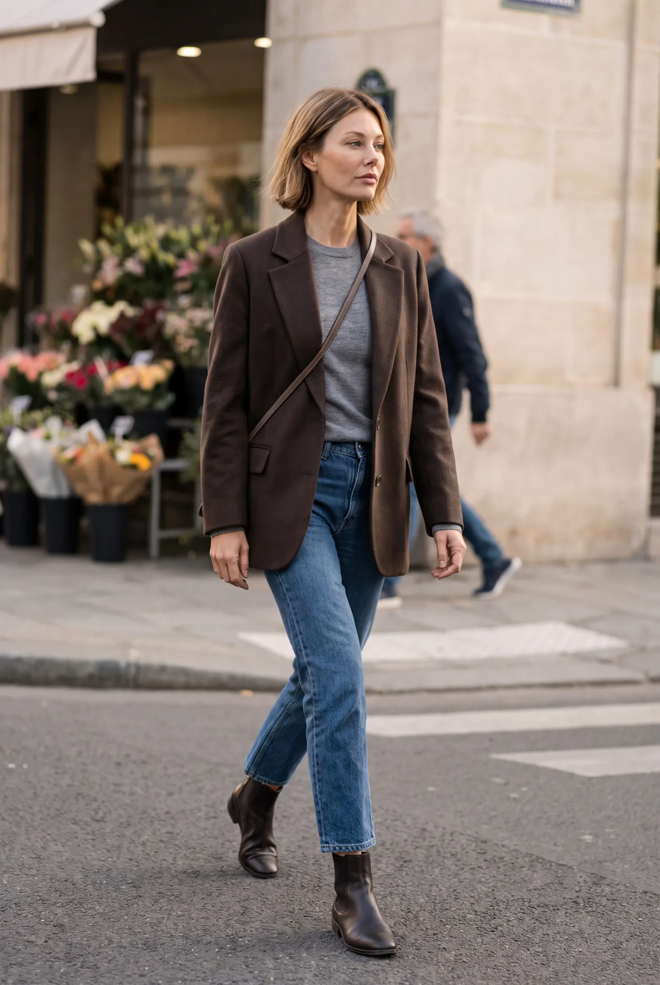 Margot on a casual weekend daytime in Paris, a close walking frame in directional light, hair tucked. The dark brown | The Quiet Shoulder, Relover