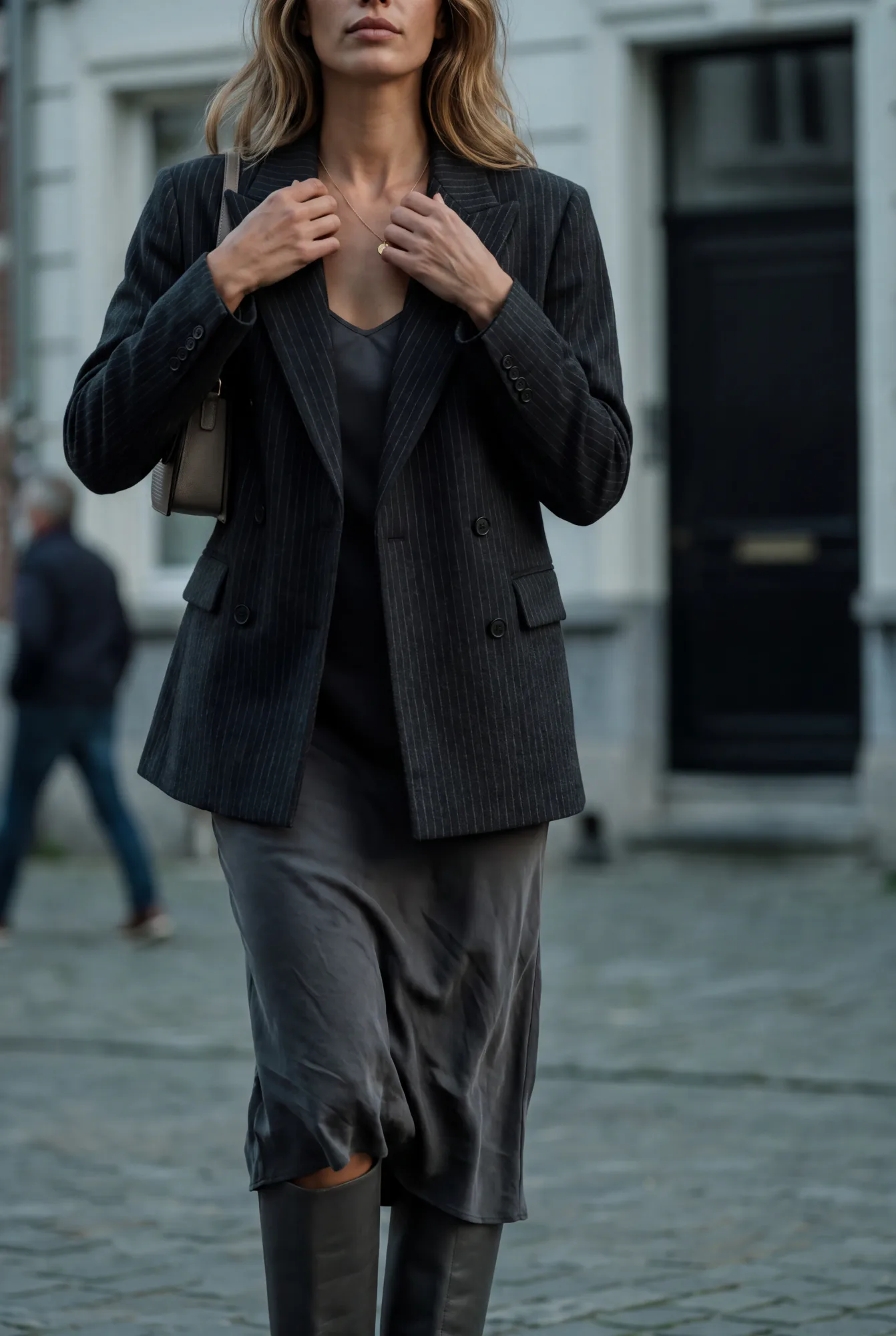 Romy on an understated evening out in Antwerp under soft overcast dusk, a detail crop of the blazer open over a slip | The Quiet Shoulder, Relover