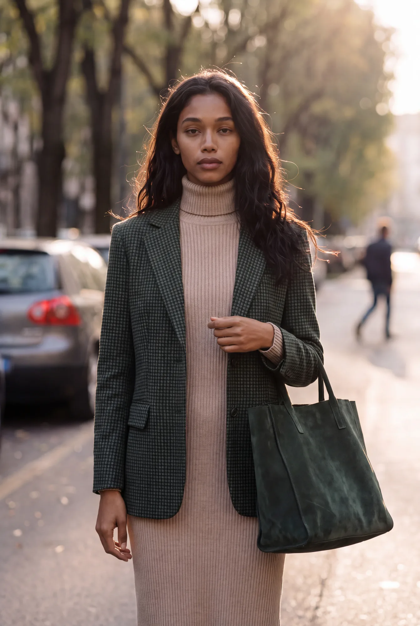 A woman in a dark green checked wool blazer over a beige turtleneck midi dress walks a city street carrying a dark | The Quiet Shoulder, Relover