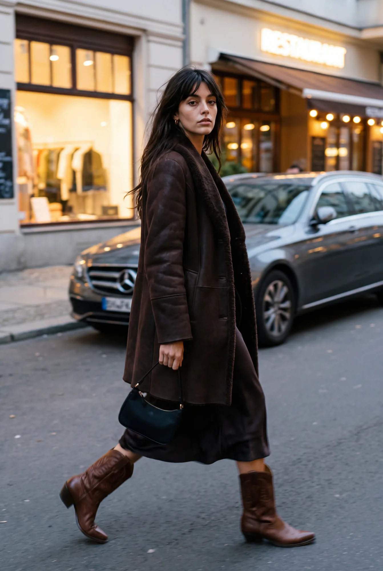 A woman in a dark chocolate shearling coat walks across a city street past parked cars, carrying a black bag and | The Weight of Winter, Relover