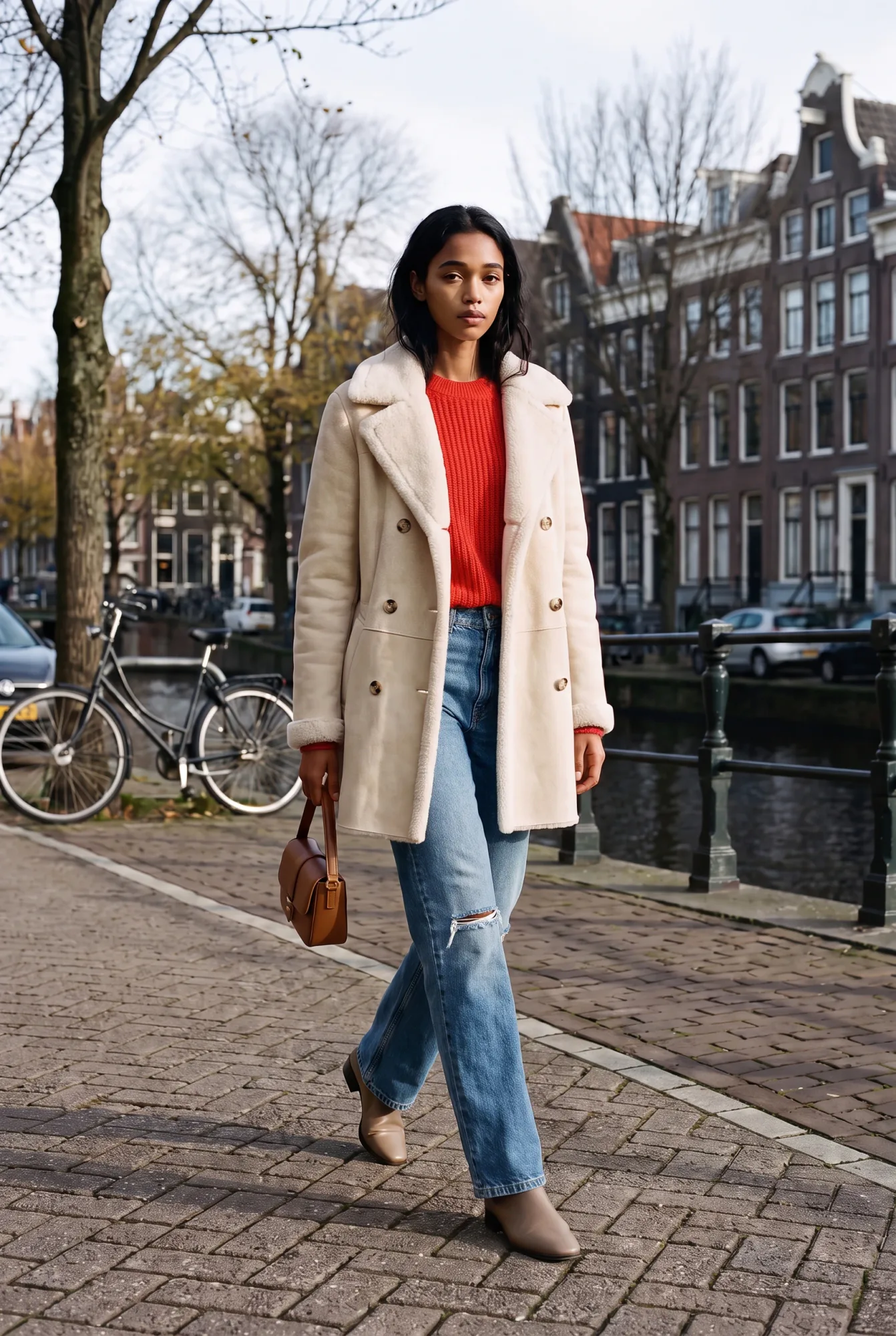 A woman in a cream suede double-breasted shearling coat with a bright red sweater and medium blue slightly distressed | The Weight of Winter, Relover