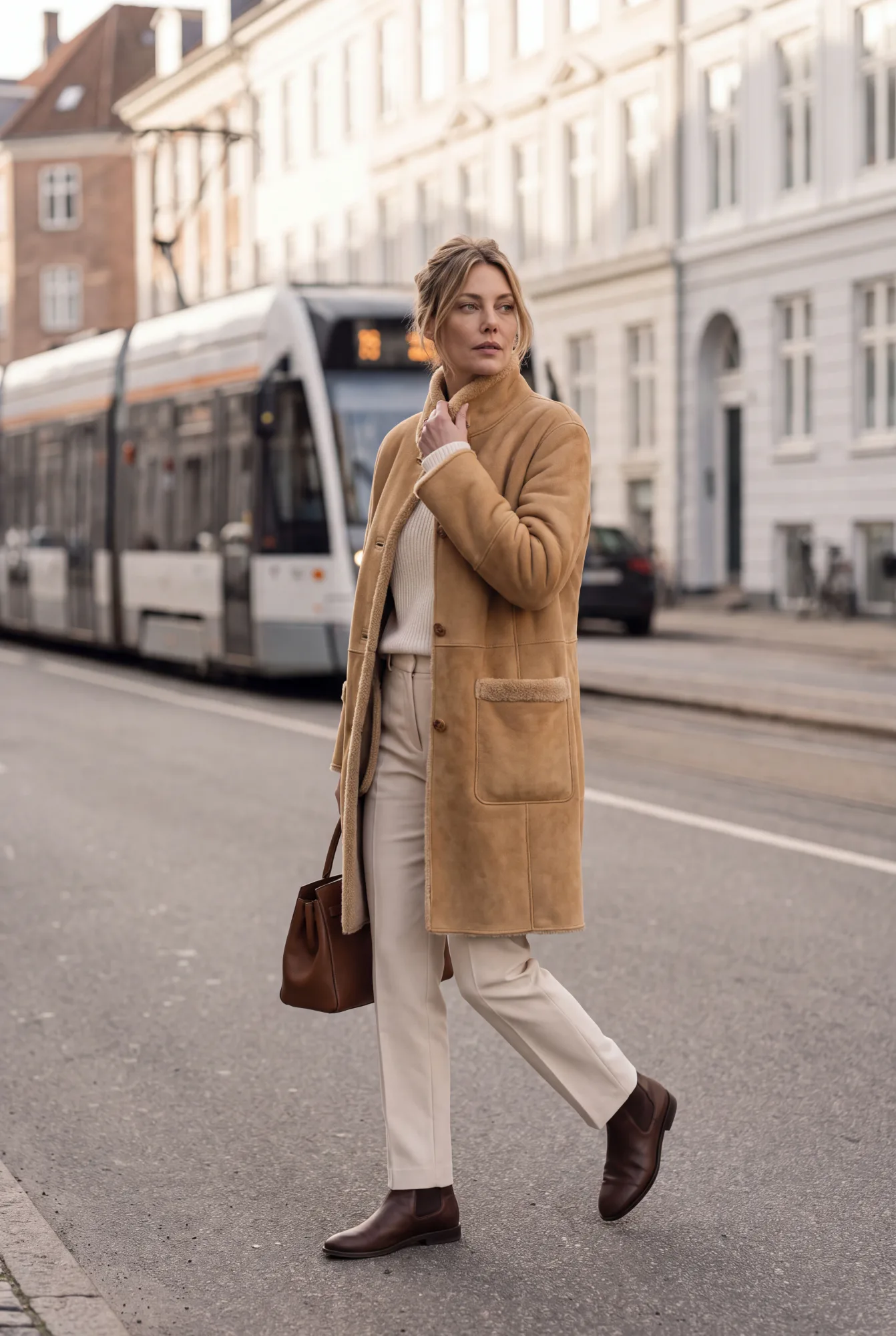 A woman walks past a tram in a camel knee-length shearling coat with a patch pocket, cream trousers, and a brown bag | The Weight of Winter, Relover