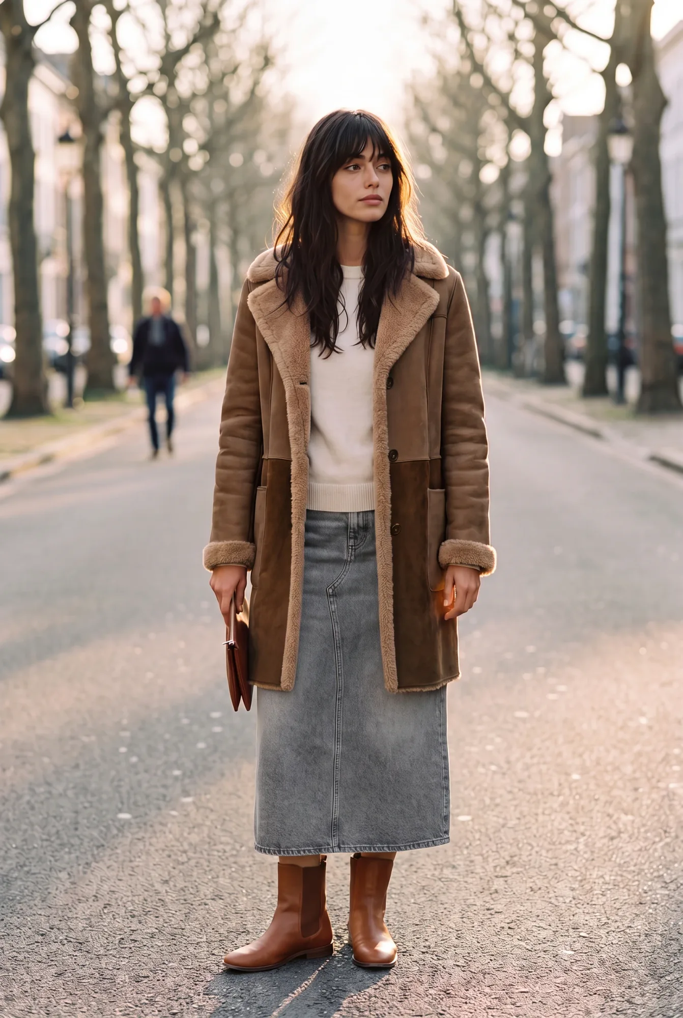 A woman in a dark brown two-tone shearling coat and grey denim midi skirt stands on a tree-lined street holding a | The Weight of Winter, Relover