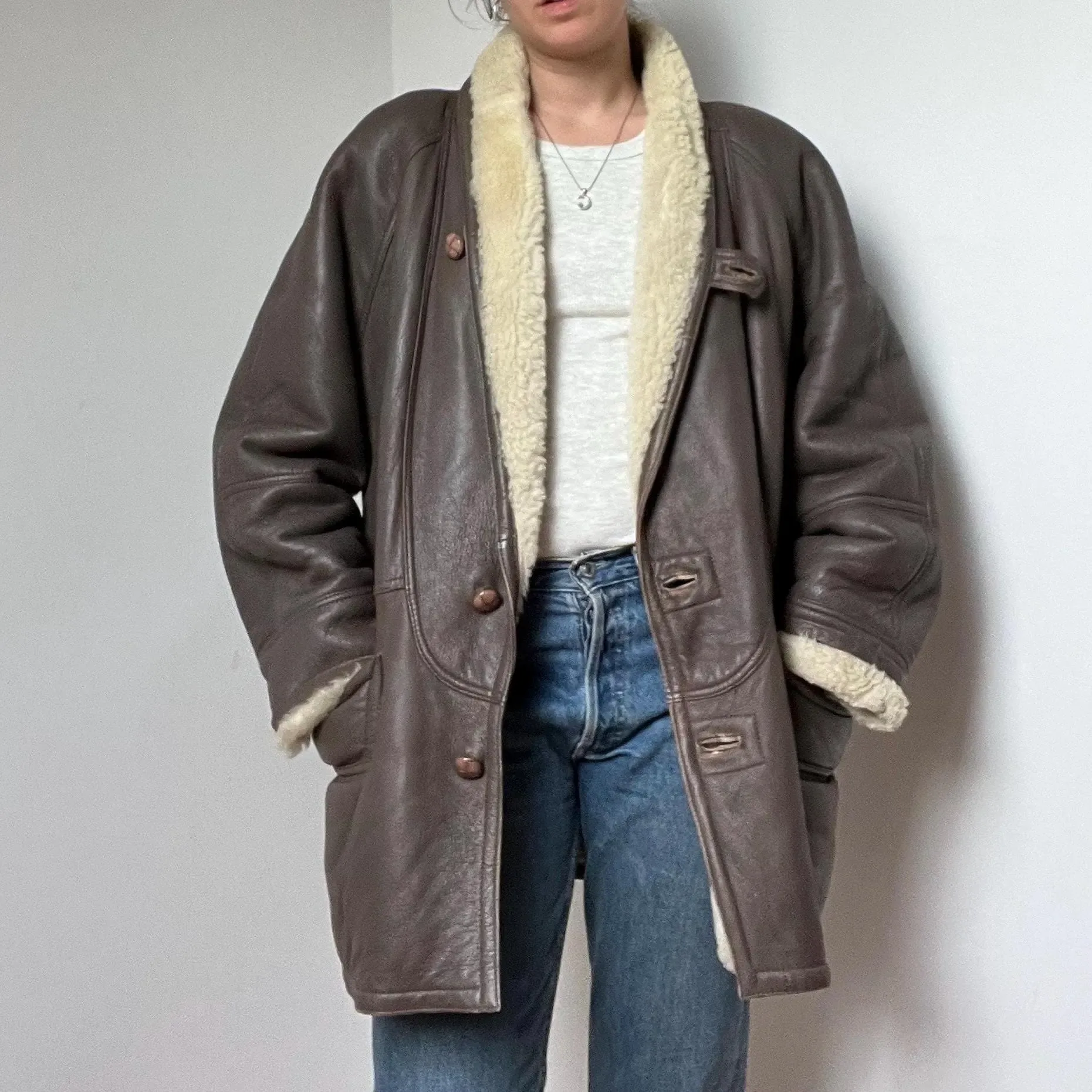 Vintage Brown Leather Wrap Shearling Coat, seller photo 1 | The Weight of Winter, Relover