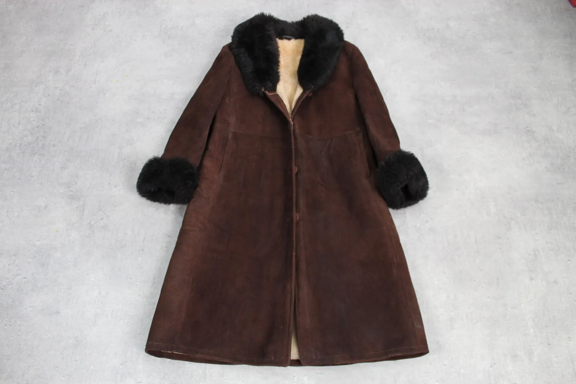 Vintage Brown Real Leather Shearling Midi Coat, seller photo 1 | The Weight of Winter, Relover
