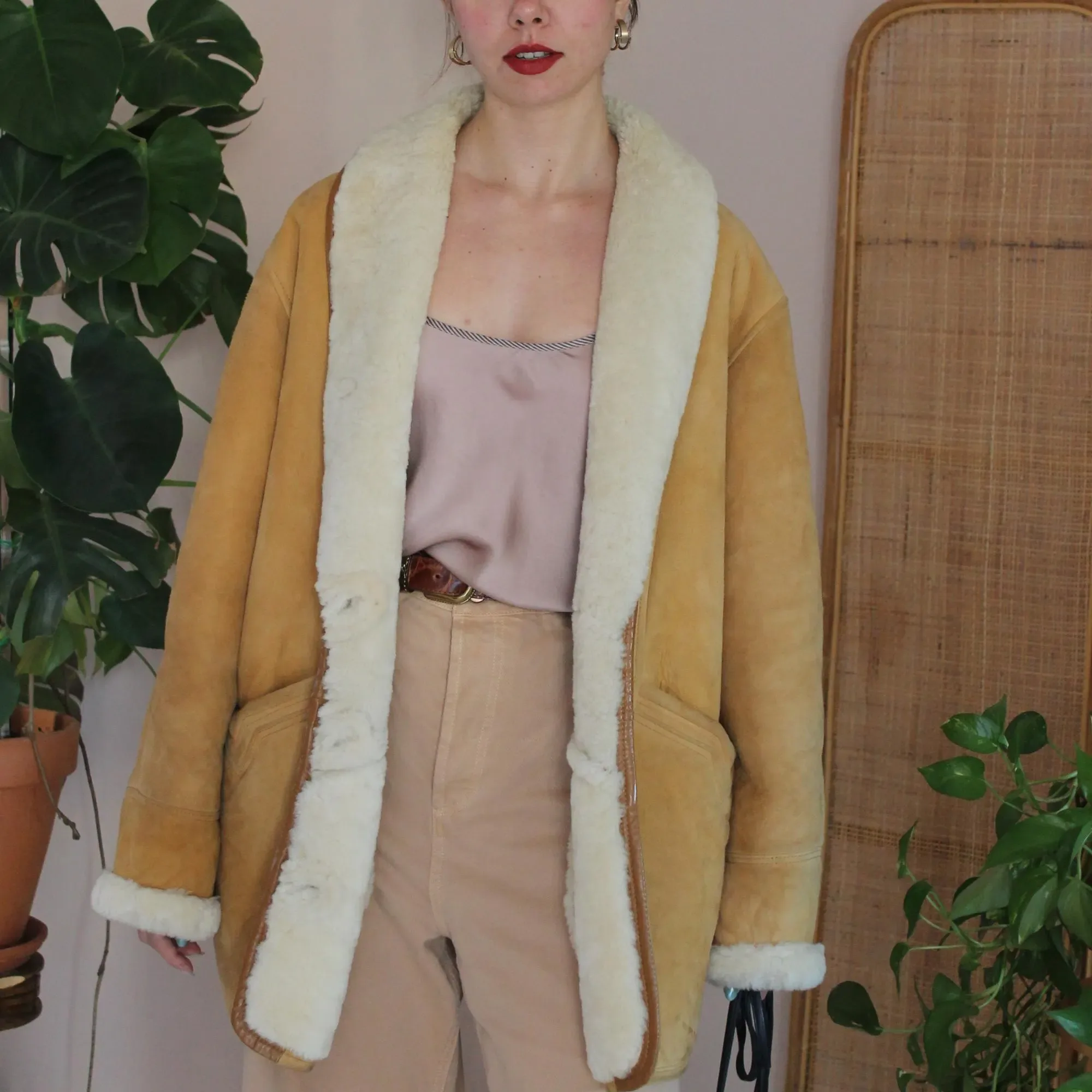 Vintage Camel Shearling Leather V-Neck Coat, seller photo 1 | The Weight of Winter, Relover