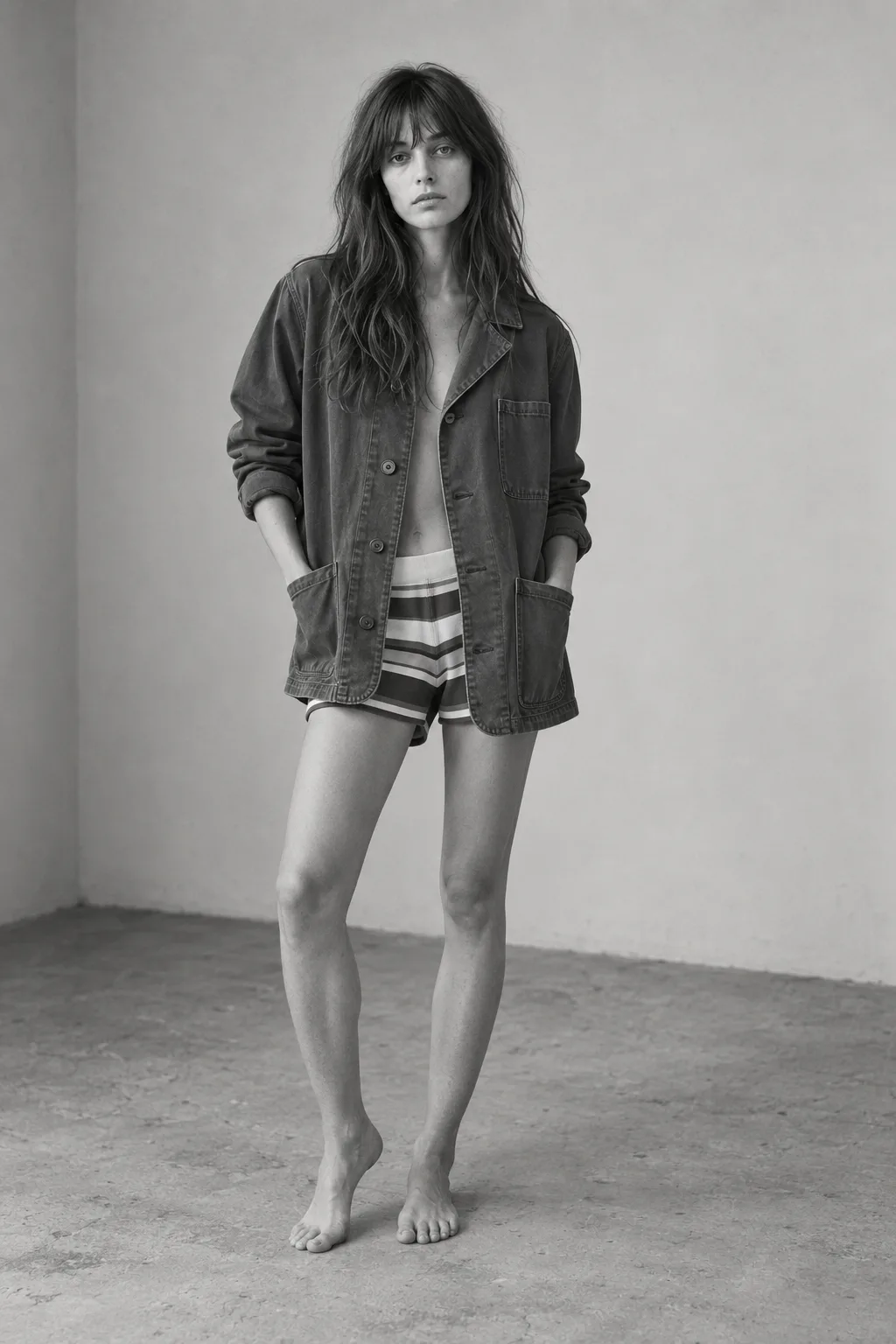 Black-and-white studio portrait of a woman wearing a dark chore jacket over striped shorts.