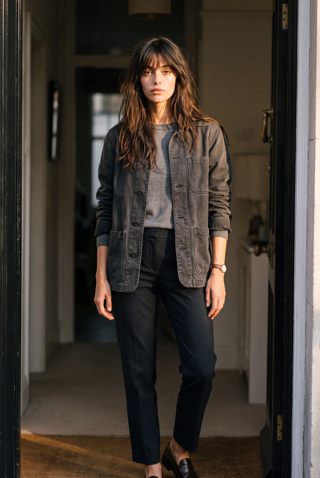 A woman in a charcoal chore jacket over a knit top stands in a doorway looking directly at the camera | The Worker's Layer, Relover