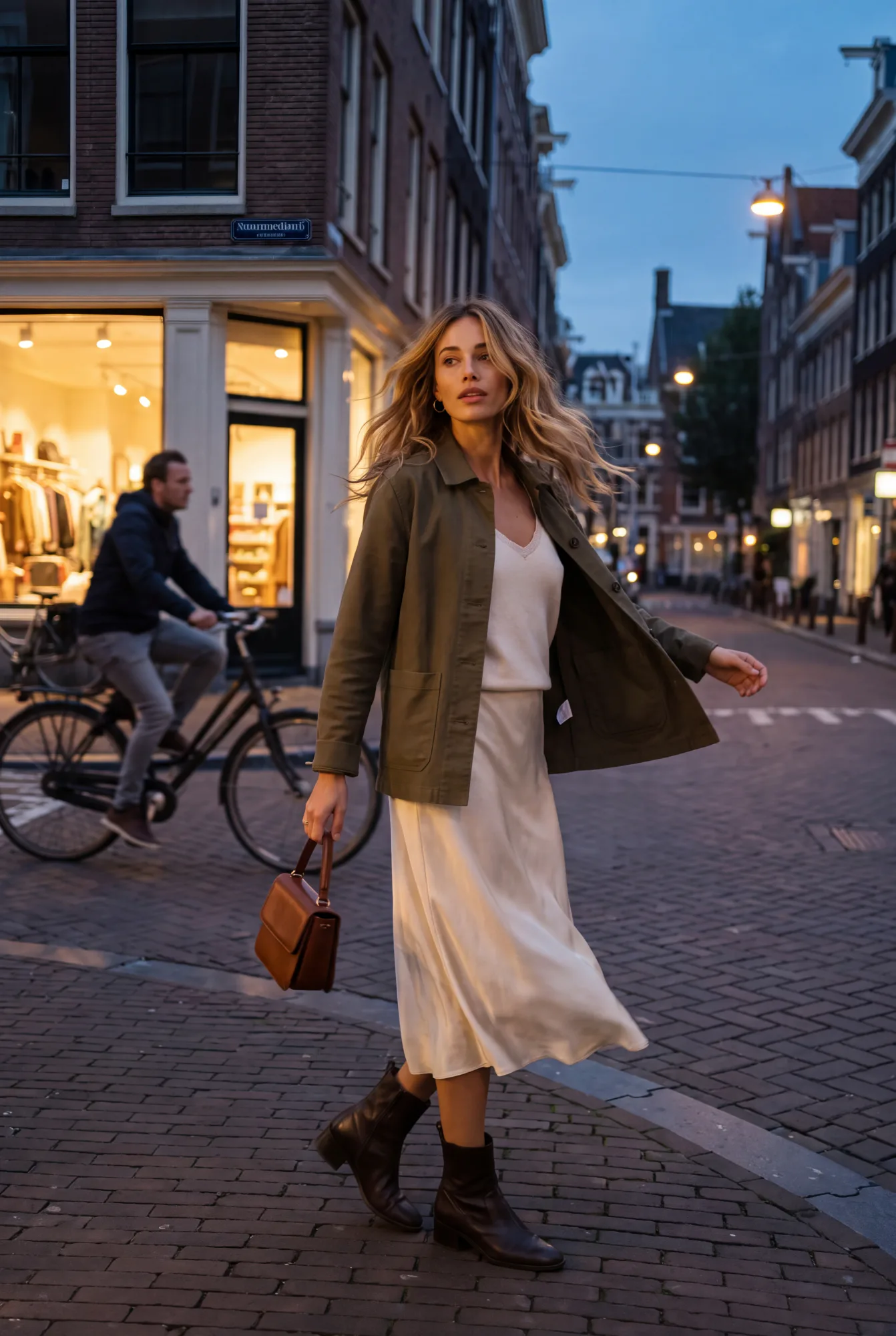 A woman in an olive chore jacket over a cream slip dress strides across a dusk city street carrying a structured bag, a | The Worker's Layer, Relover