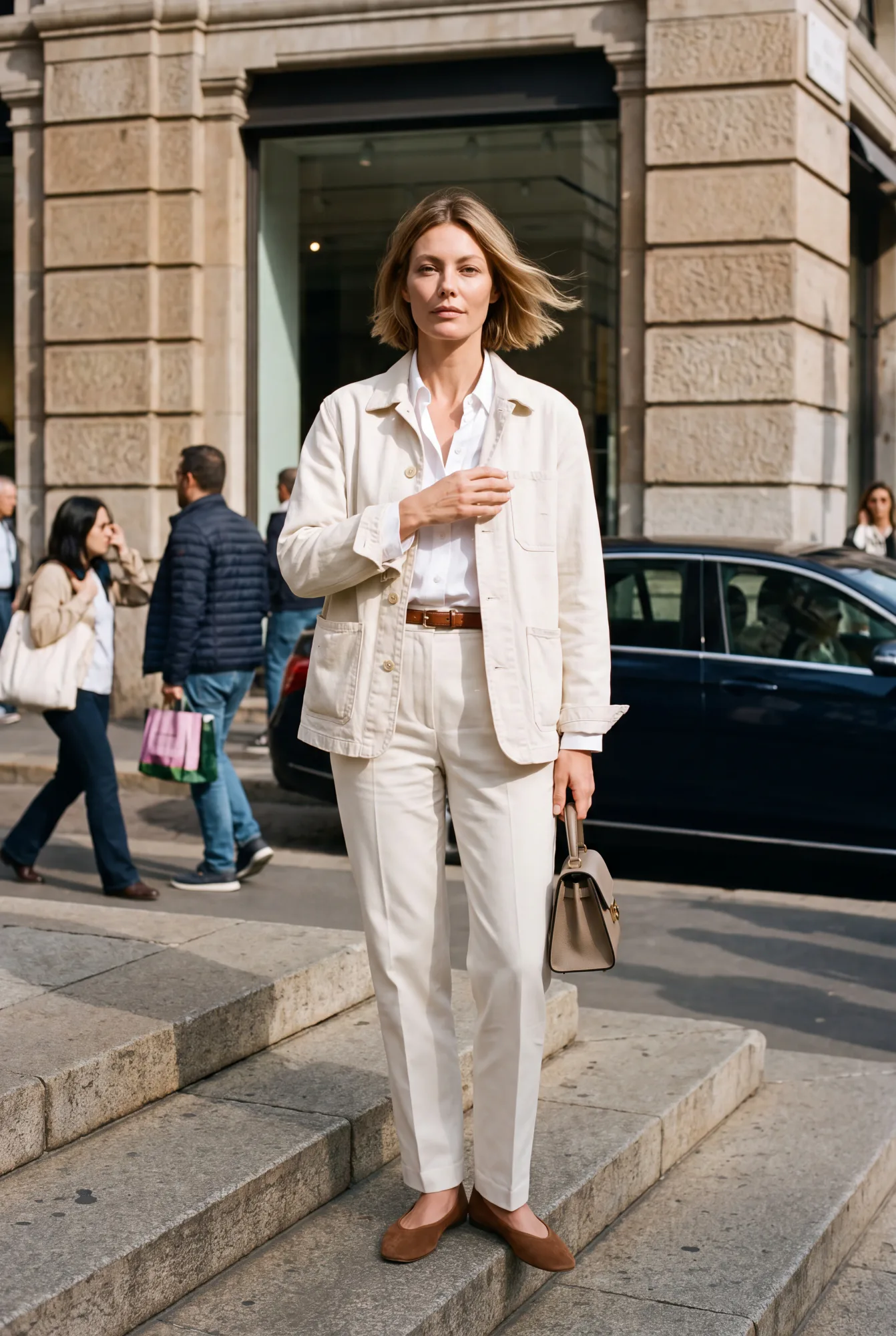 A woman in an ecru cotton chore jacket, belted cream trousers, and loafers stands on stone steps holding a structured | The Worker's Layer, Relover