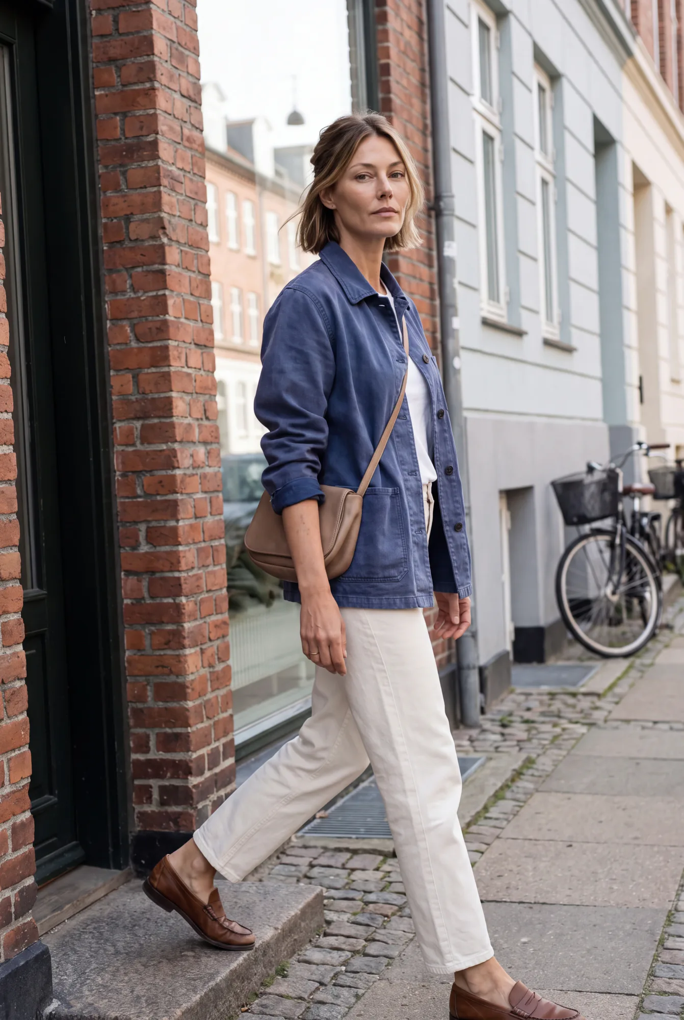 A woman in a navy chore jacket, cream jeans, and loafers walks past a brick wall with a crossbody bag, a parked bicycle | The Worker's Layer, Relover