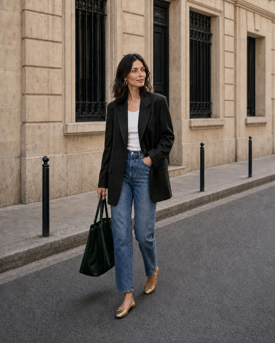 Cleo notices someone off frame with a subtle half-smile, wearing a dark moss-green fine-pinstripe blazer over a white tank with ankle-length straight jeans, antique-gold ballet flats and an oversized deep-green leather bag on a quiet city street.