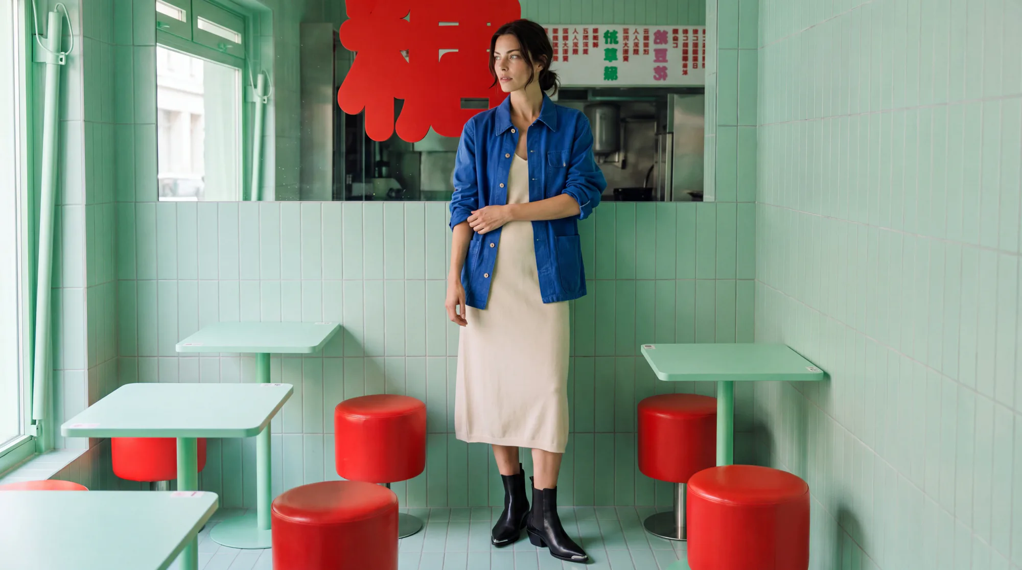 A woman wears an oversized blue chore jacket over a cream midi dress and black ankle boots in a mint-tiled cafe.