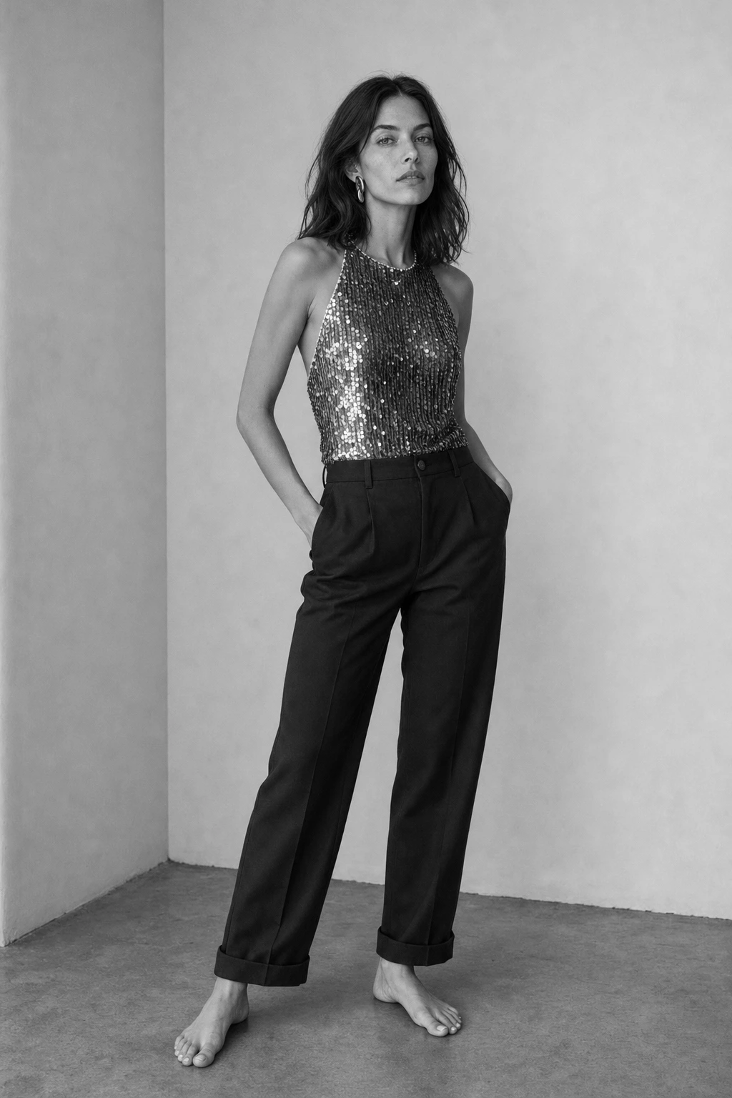 A woman stands barefoot in a grey studio wearing a sequin halter top and black pleated trousers.