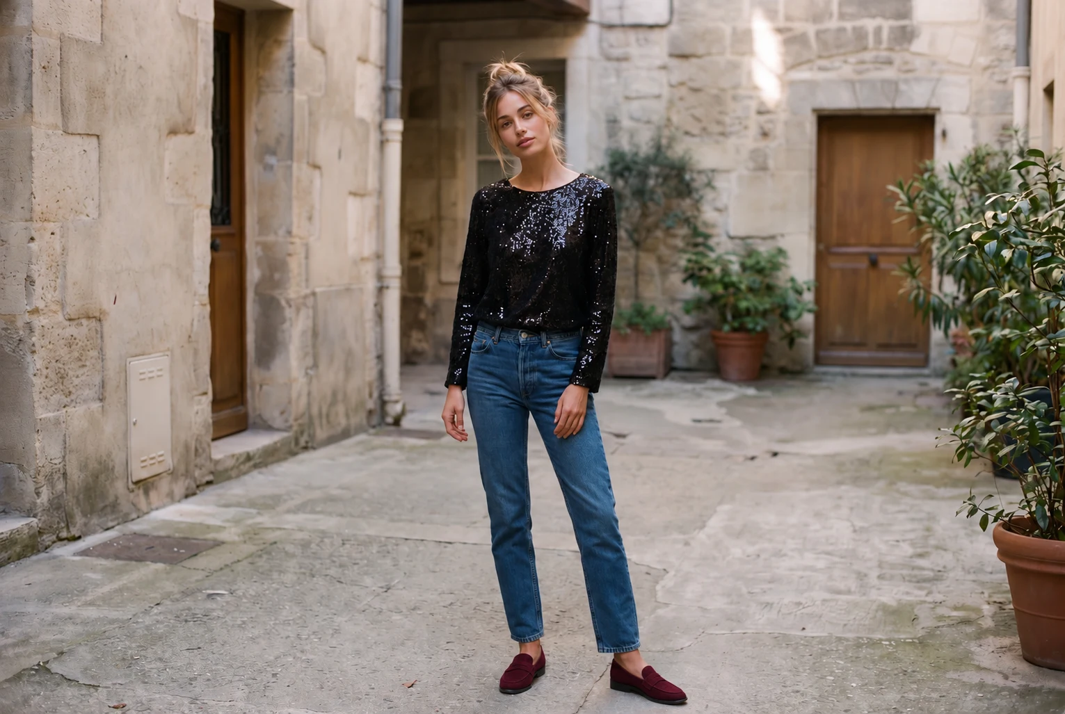 Black long-sleeved sequin top styled with straight blue jeans and burgundy suede loafers in a stone courtyard.