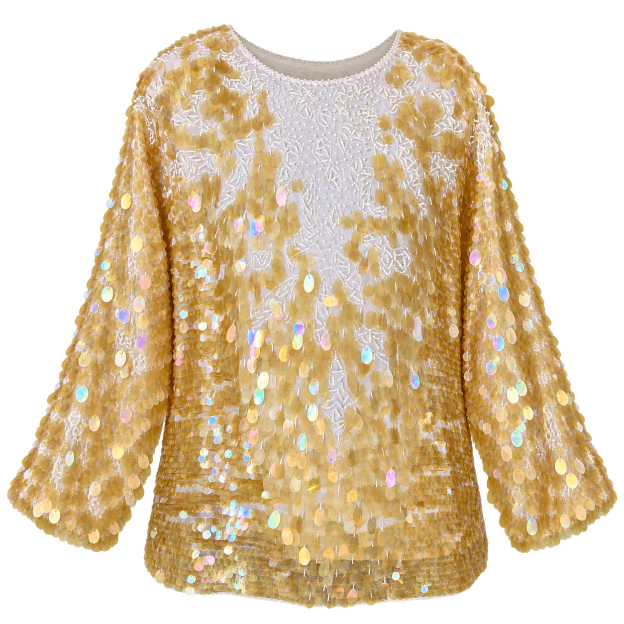 Front view of an ivory long-sleeved blouse with gold paillettes and white beadwork.