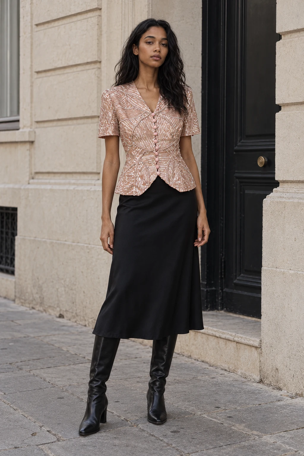 Pink short-sleeved beaded sequin blouse with front buttons, styled with a black midi skirt and tall black boots.