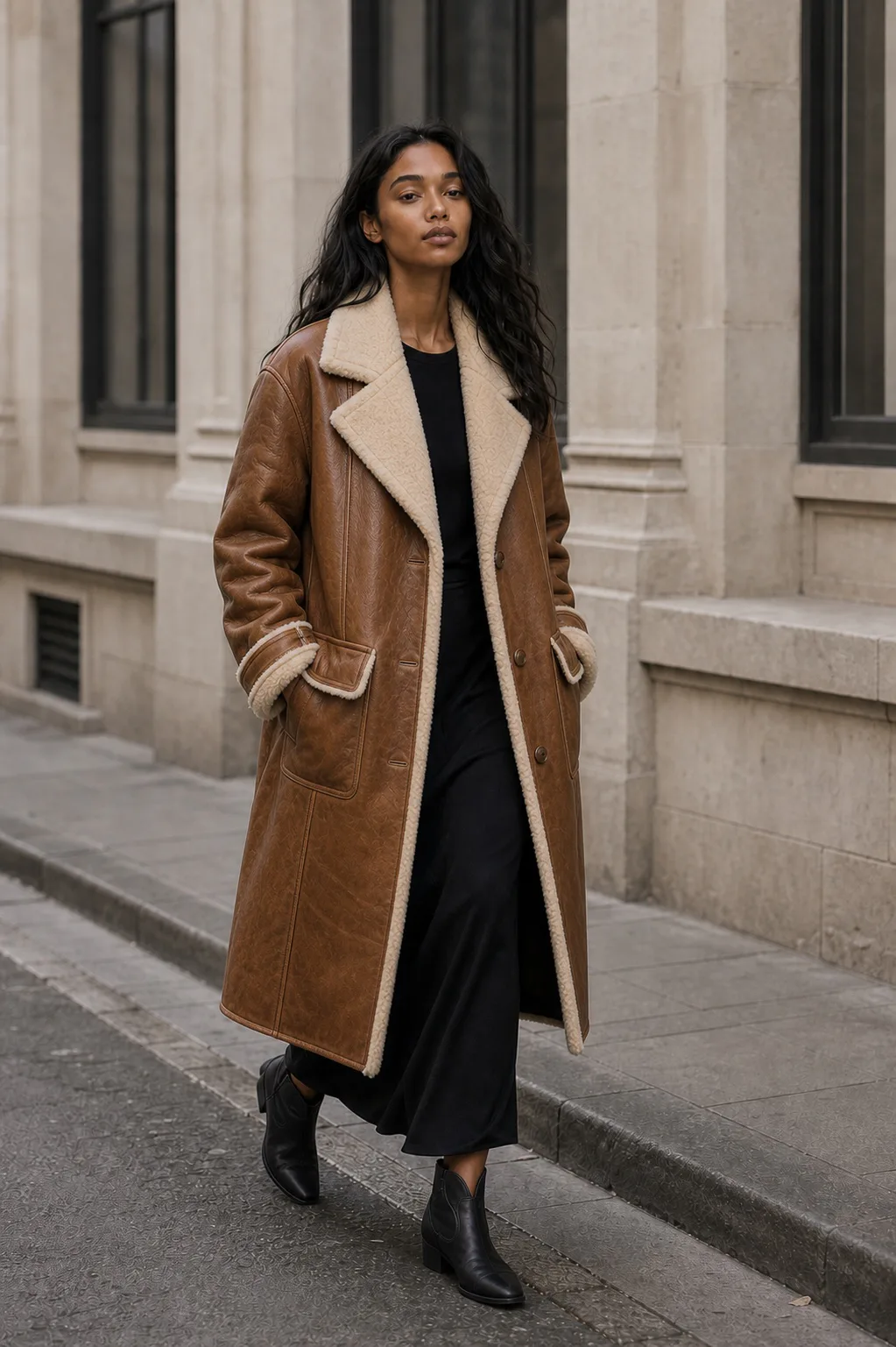 Naomi wears an oversized cognac-brown leather shearling coat over a long black outfit with discreet black cowboy boots on a quiet European street.