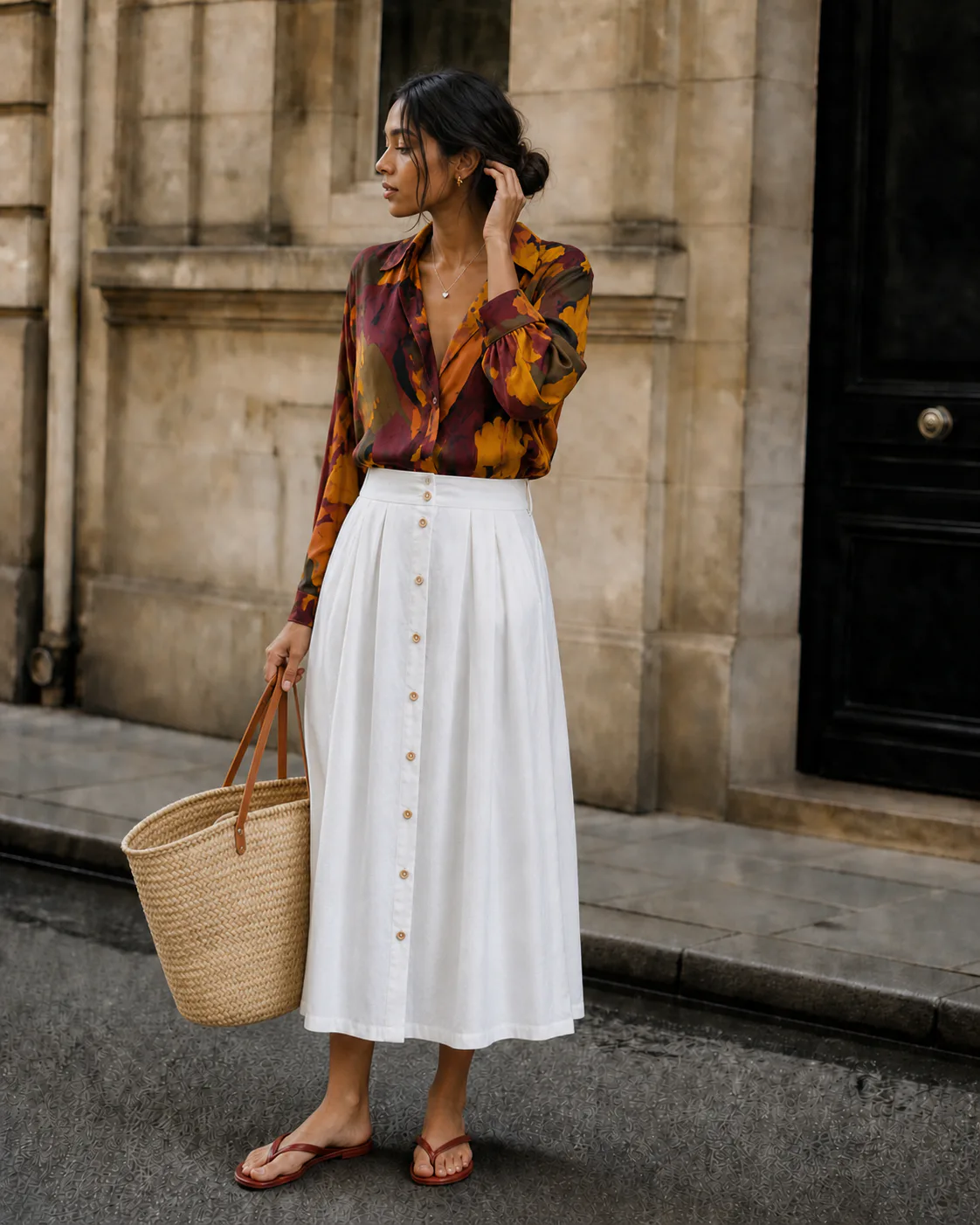 Naomi wears a colourful printed silk blouse with a white button-front lower-midi skirt, red leather flip-flops and an Ibizan straw basket on a quiet city street.